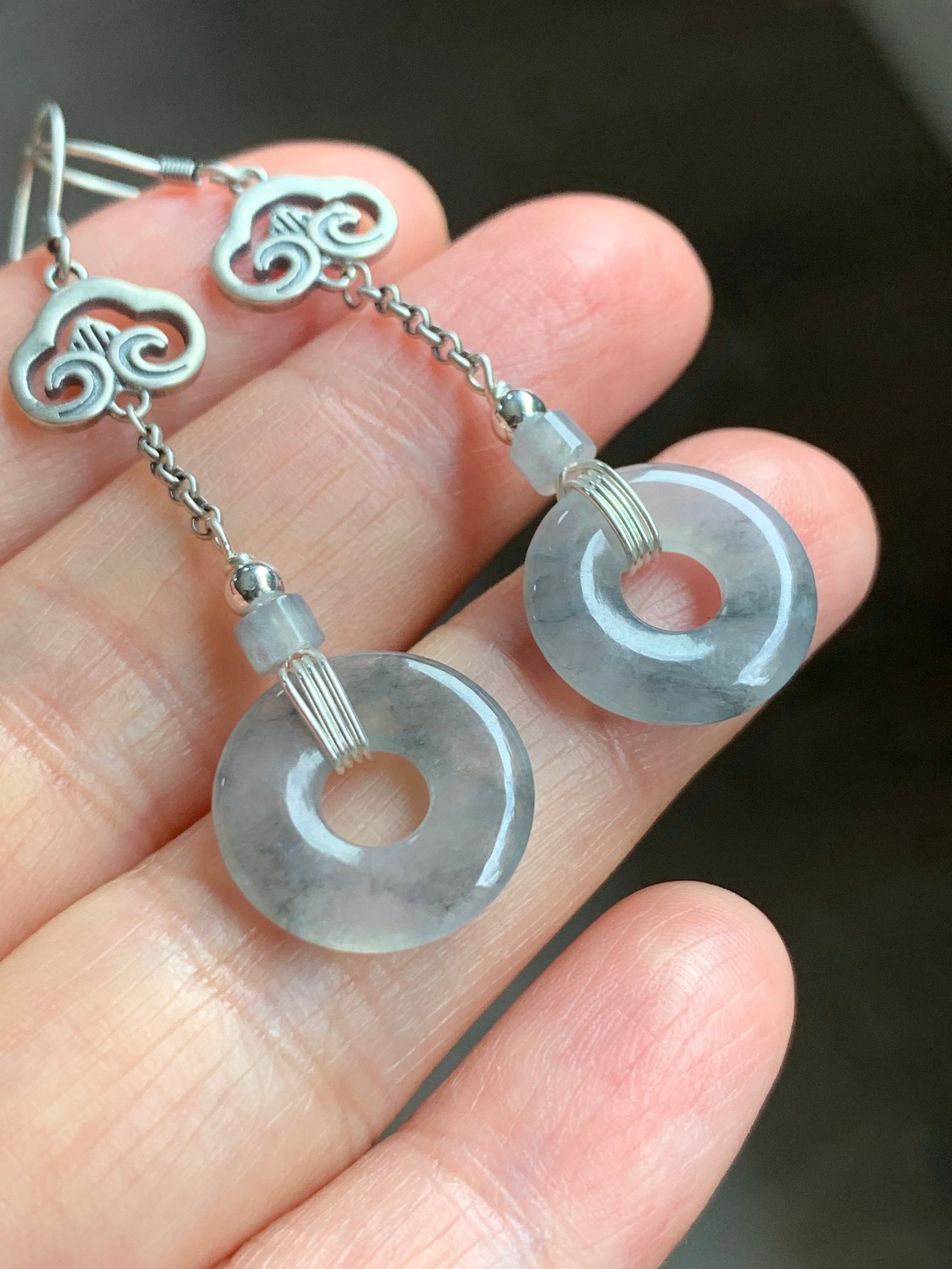 Natural Burmese Icy Translucent Gelatinous Wuji Jadeite Ping An Kou Donut Dangle Earrings Retro Style 925 Sterling Silver 天然缅甸A货冰胶乌鸡翡翠平安扣银耳吊