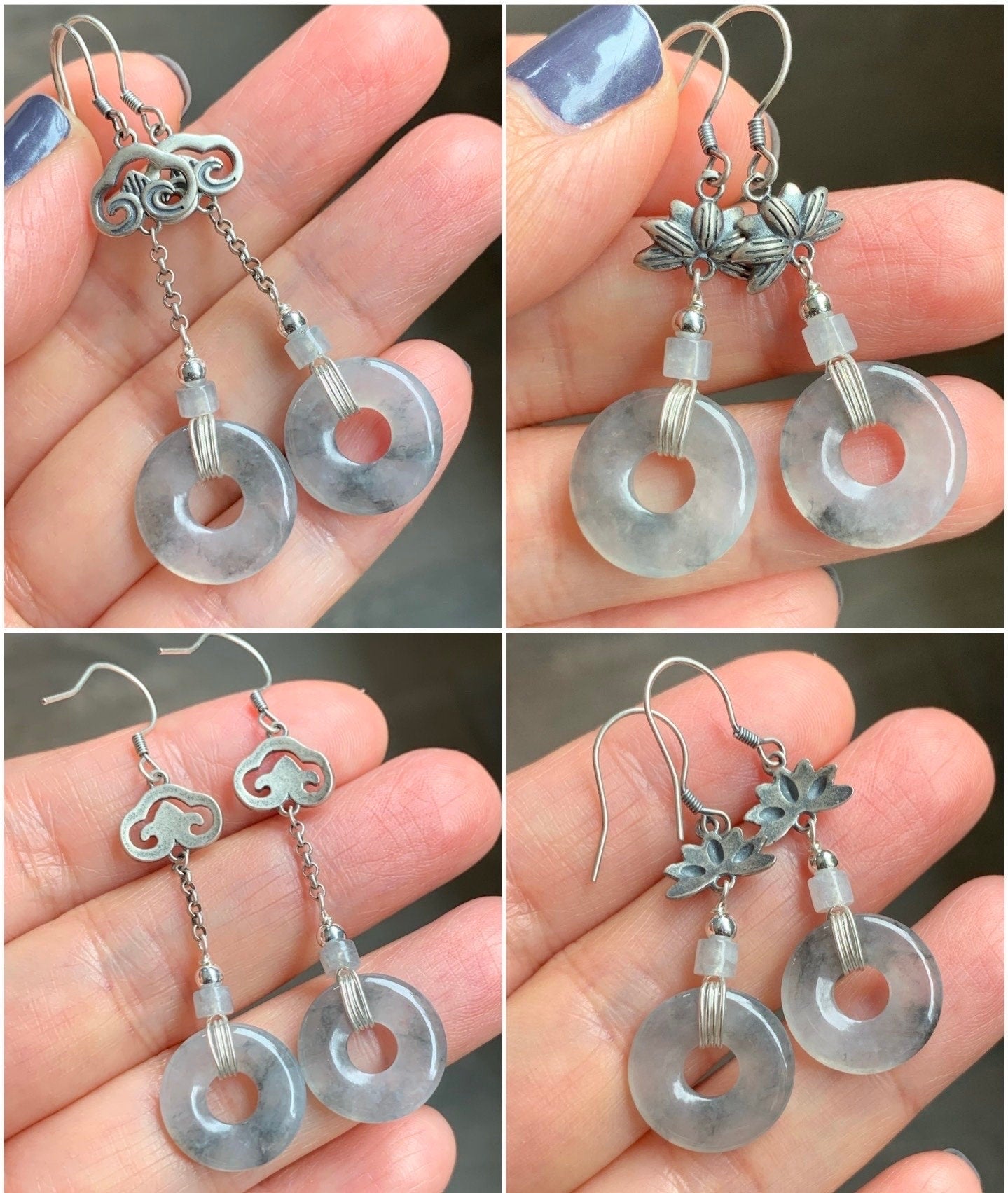 Natural Burmese Icy Translucent Gelatinous Wuji Jadeite Ping An Kou Donut Dangle Earrings Retro Style 925 Sterling Silver 天然缅甸A货冰胶乌鸡翡翠平安扣银耳吊