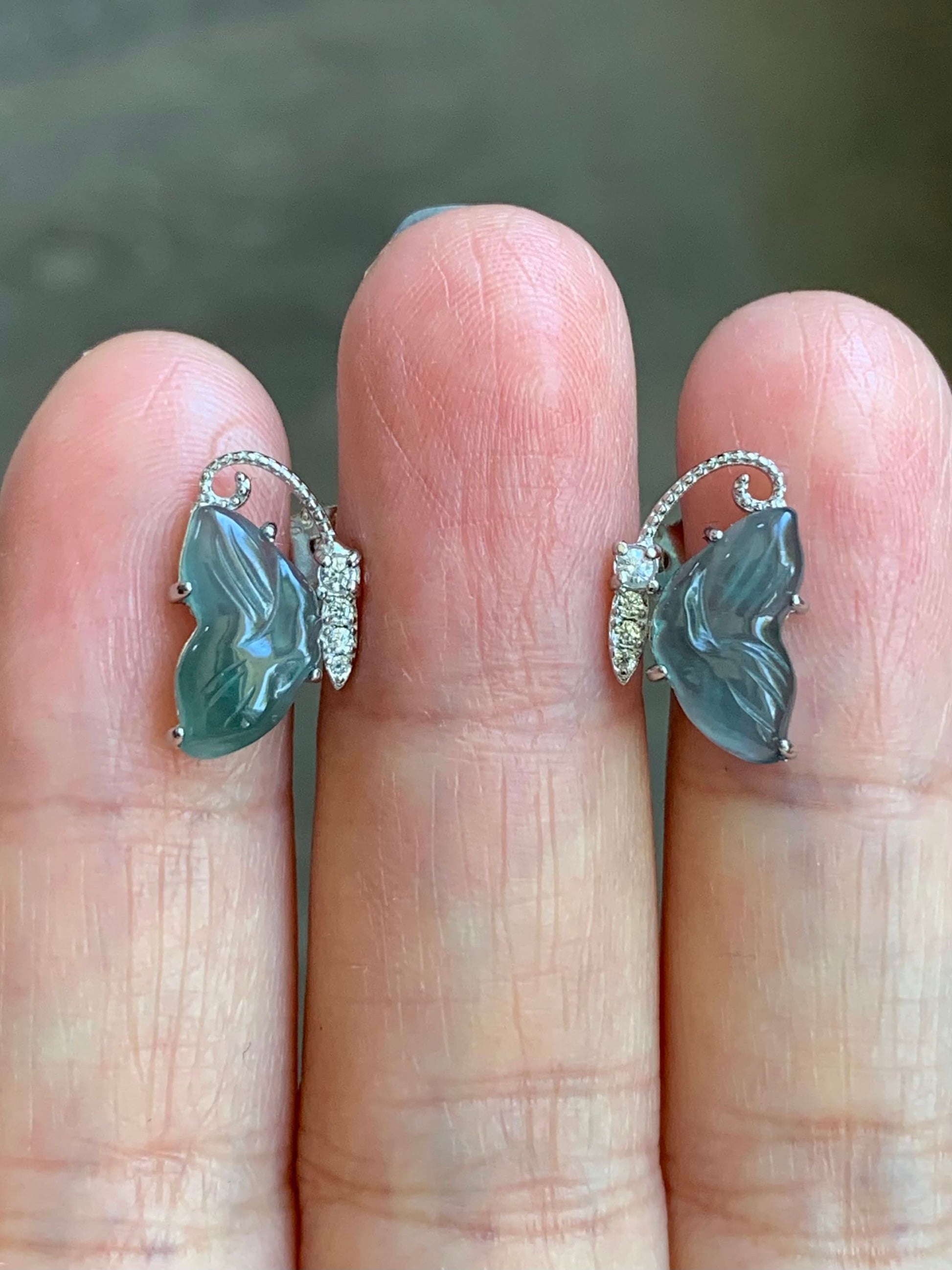 Natural Guatemalan Grade A Icy Translucent Dusty Teal Blue Jadeite Butterfly Style Stud Earrings S925 Sterling Silver 天然冰危蓝绿翡翠蝴蝶镶嵌耳钉