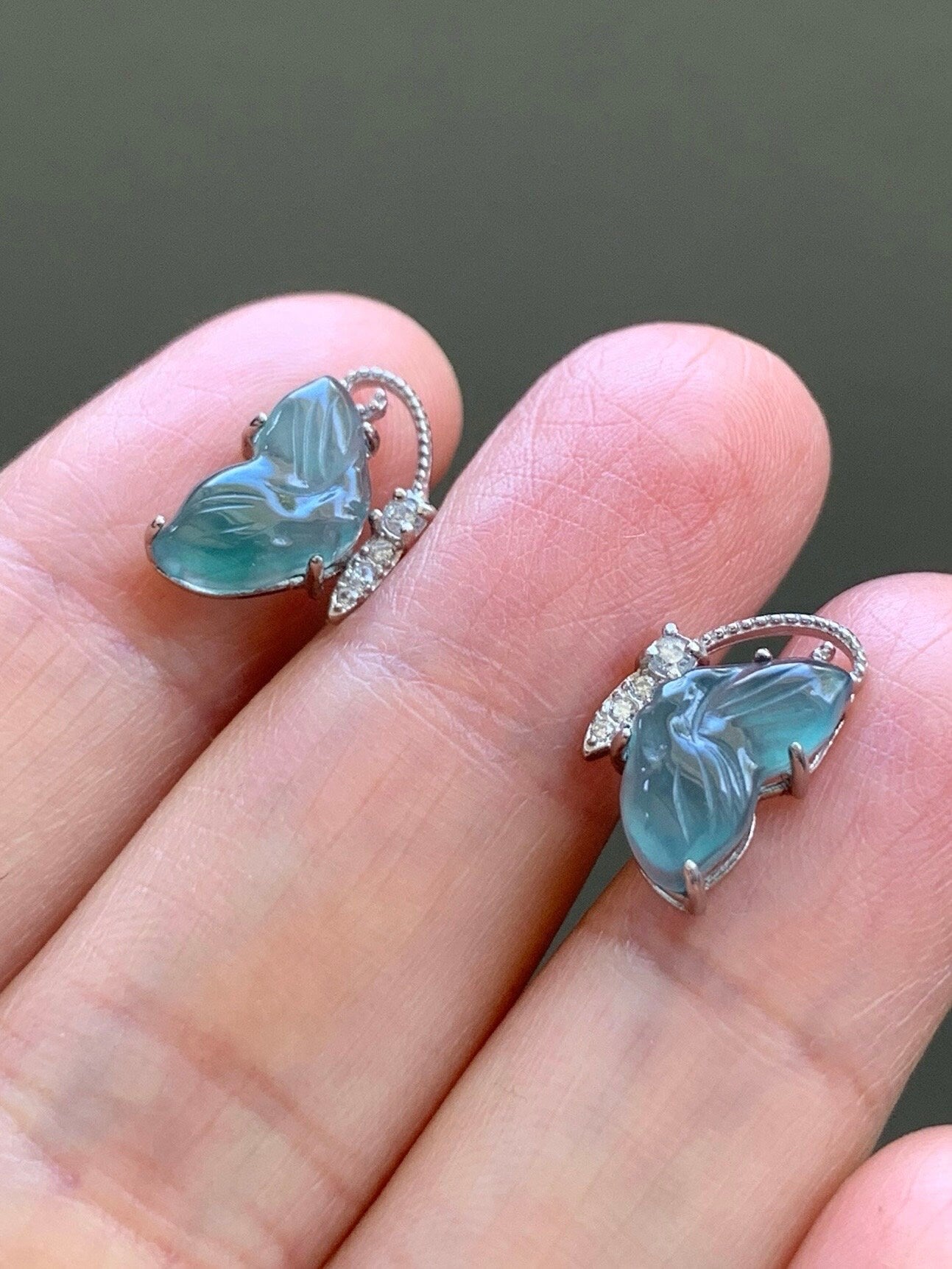 Natural Guatemalan Grade A Icy Translucent Dusty Teal Blue Jadeite Butterfly Style Stud Earrings S925 Sterling Silver 天然冰危蓝绿翡翠蝴蝶镶嵌耳钉