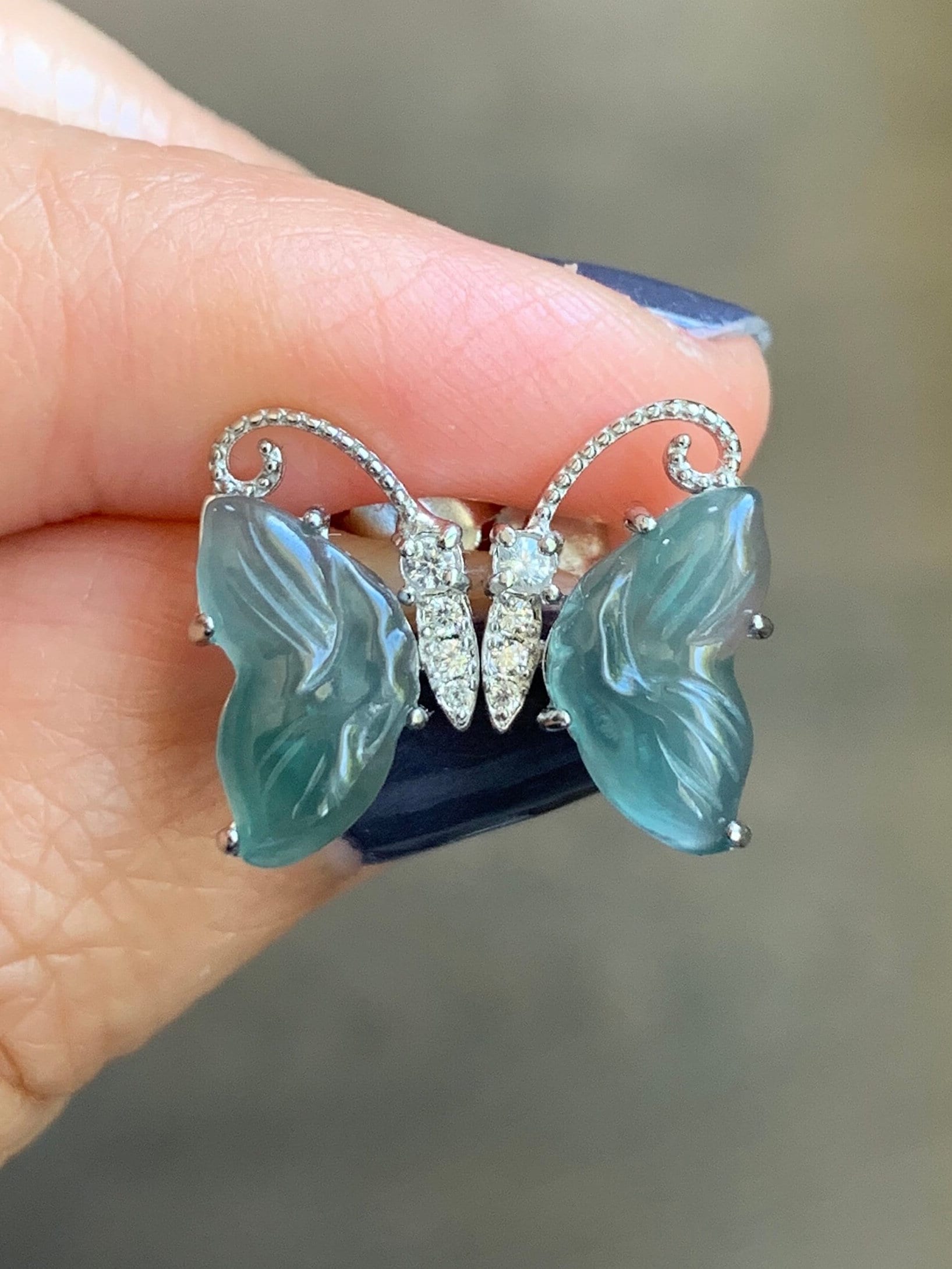 Natural Guatemalan Grade A Icy Translucent Dusty Teal Blue Jadeite Butterfly Style Stud Earrings S925 Sterling Silver 天然冰危蓝绿翡翠蝴蝶镶嵌耳钉