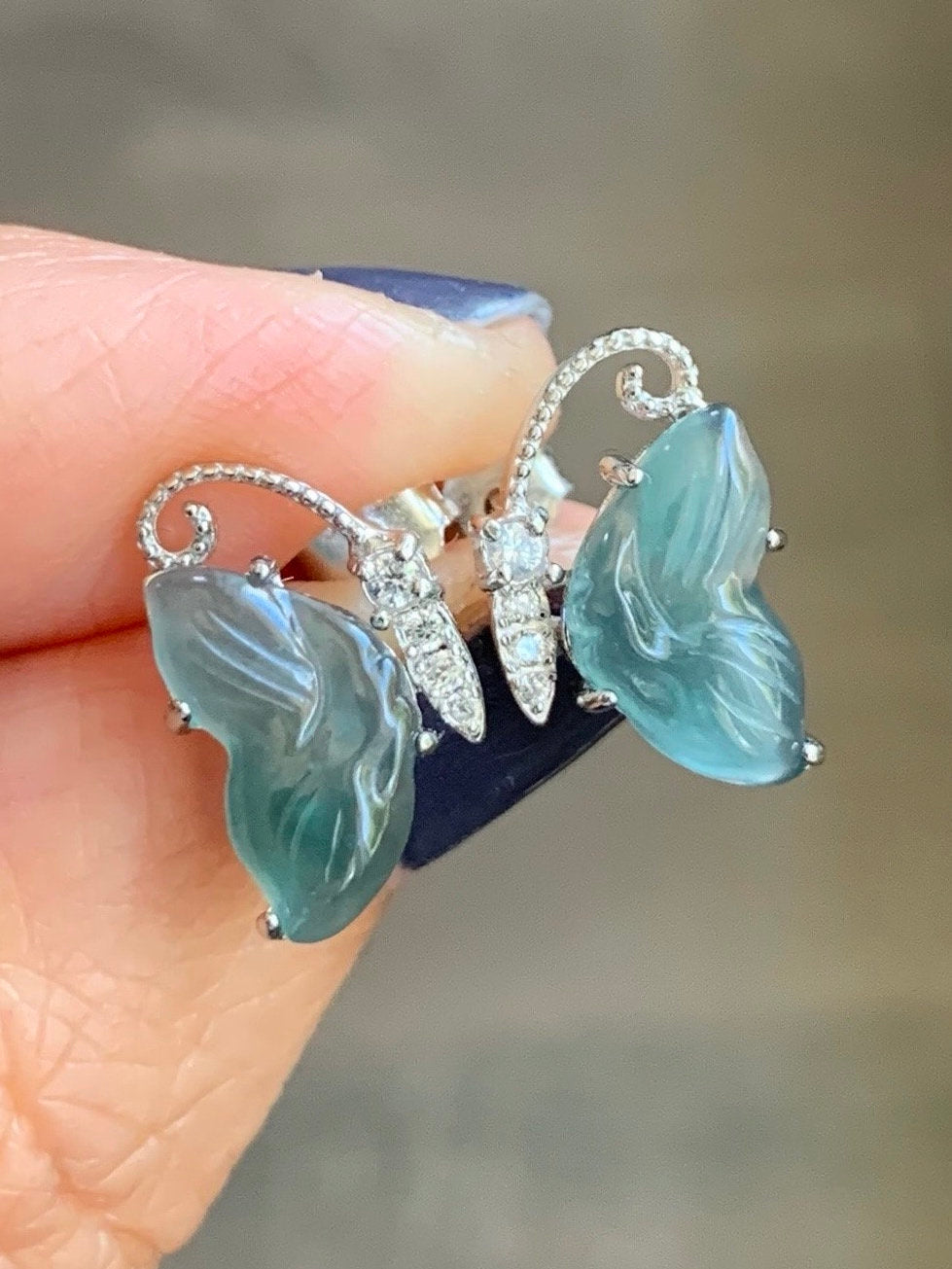 Natural Guatemalan Grade A Icy Translucent Dusty Teal Blue Jadeite Butterfly Style Stud Earrings S925 Sterling Silver 天然冰危蓝绿翡翠蝴蝶镶嵌耳钉