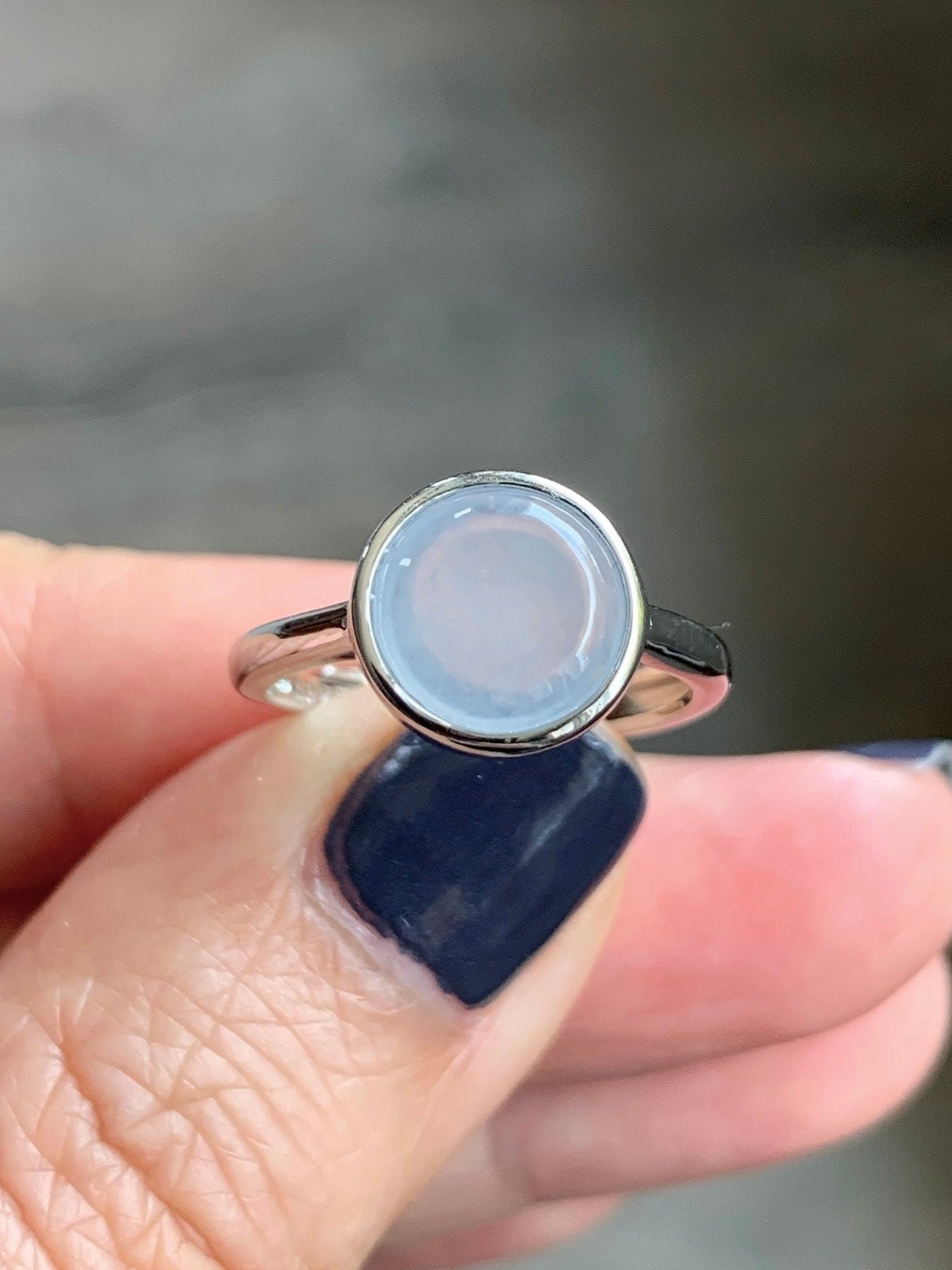 Natural Burmese Icy Translucent White Jadeite w/ Lavender Undertone Solitaire Ring Sterling Silver Size 7 Adjustable 天然缅甸白冰紫底翡翠银镶戒指 MWS70