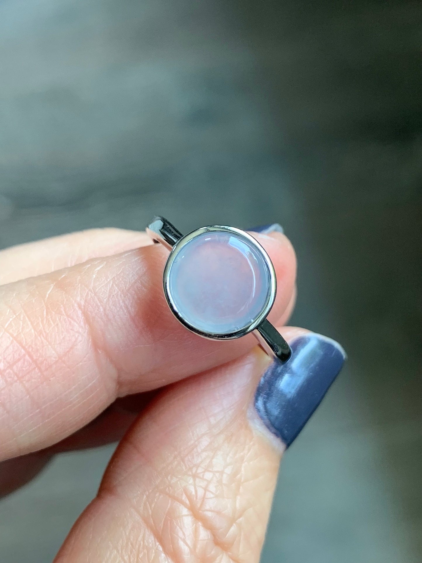 Natural Burmese Icy Translucent White Jadeite w/ Lavender Undertone Solitaire Ring Sterling Silver Size 7 Adjustable 天然缅甸白冰紫底翡翠银镶戒指 MWS70