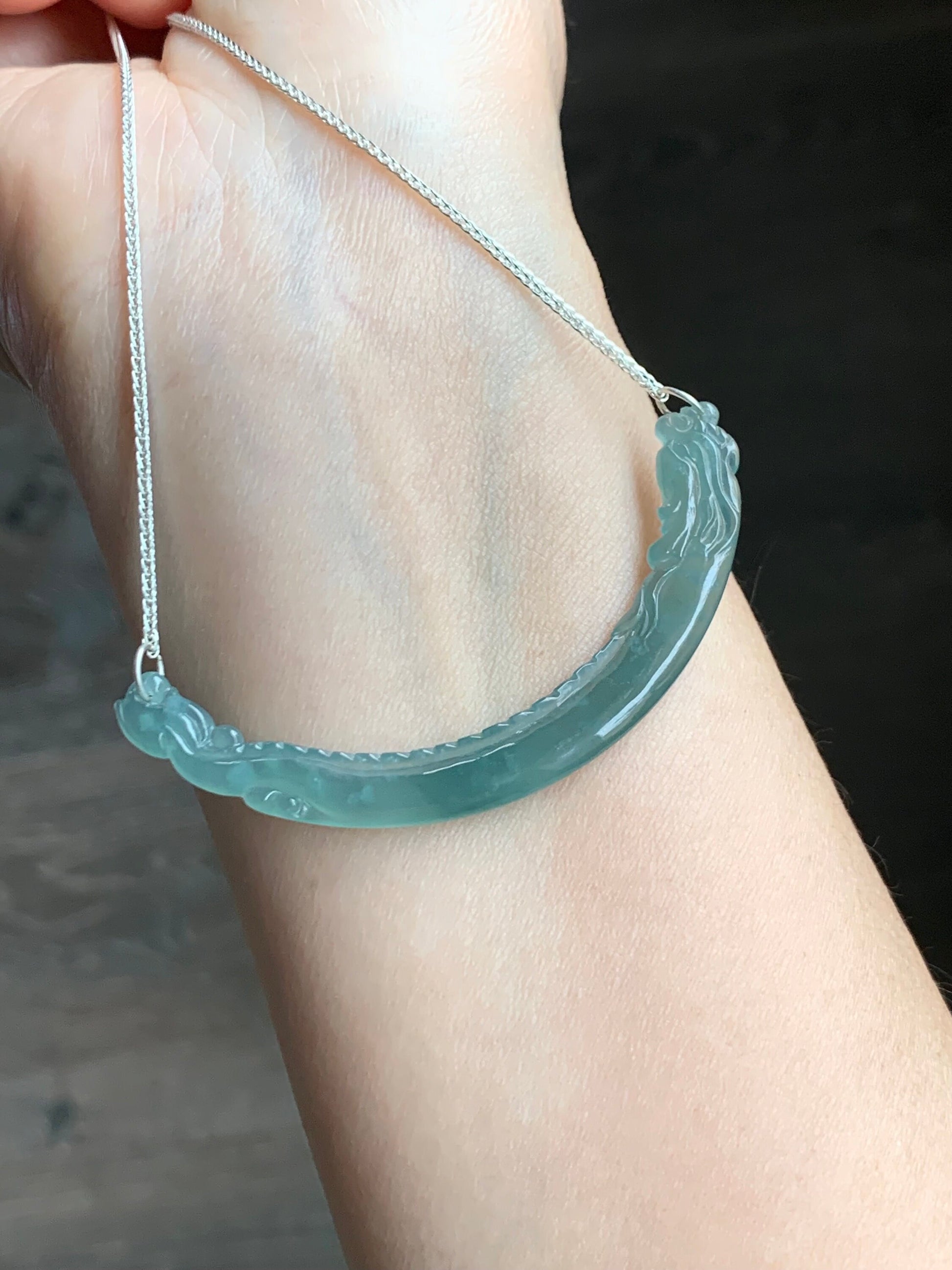 Natural Guatemalan Icy Highly Translucent Light Teal Blue Dragon Crescent Pendant 999 Sterling Silver Necklace 20” 天然起冰起光危晴蓝翡翠仿古龙玉横足银项链