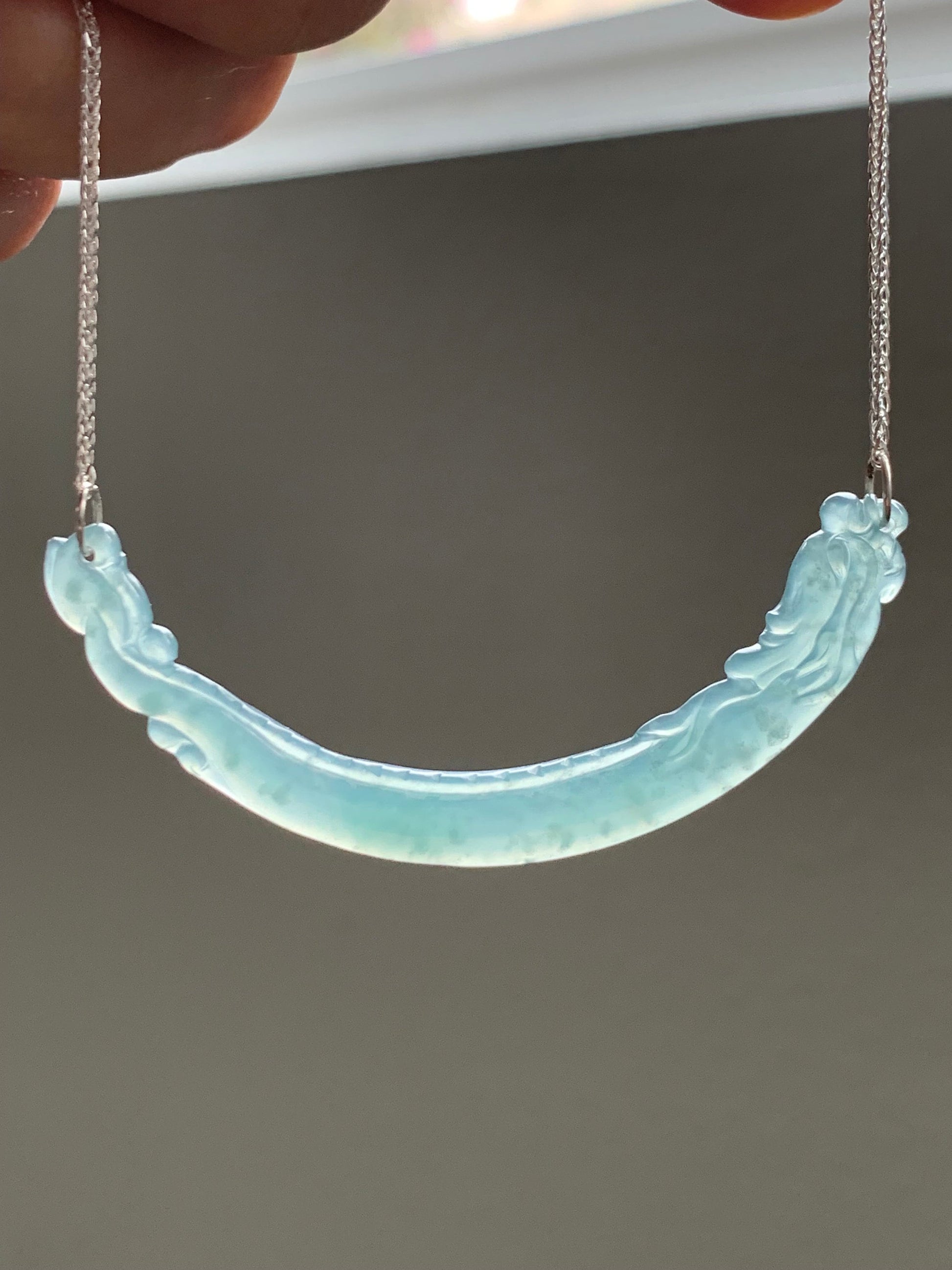 Natural Guatemalan Icy Highly Translucent Light Teal Blue Dragon Crescent Pendant 999 Sterling Silver Necklace 20” 天然起冰起光危晴蓝翡翠仿古龙玉横足银项链
