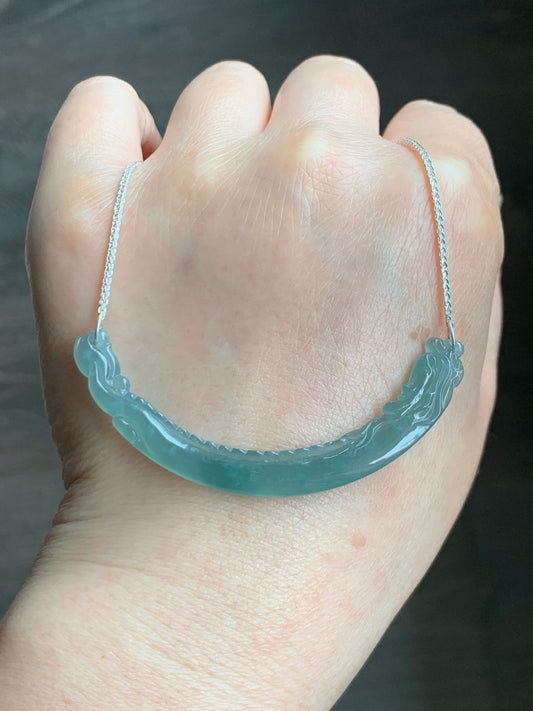 Natural Guatemalan Icy Highly Translucent Light Teal Blue Dragon Crescent Pendant 999 Sterling Silver Necklace 20” 天然起冰起光危晴蓝翡翠仿古龙玉横足银项链