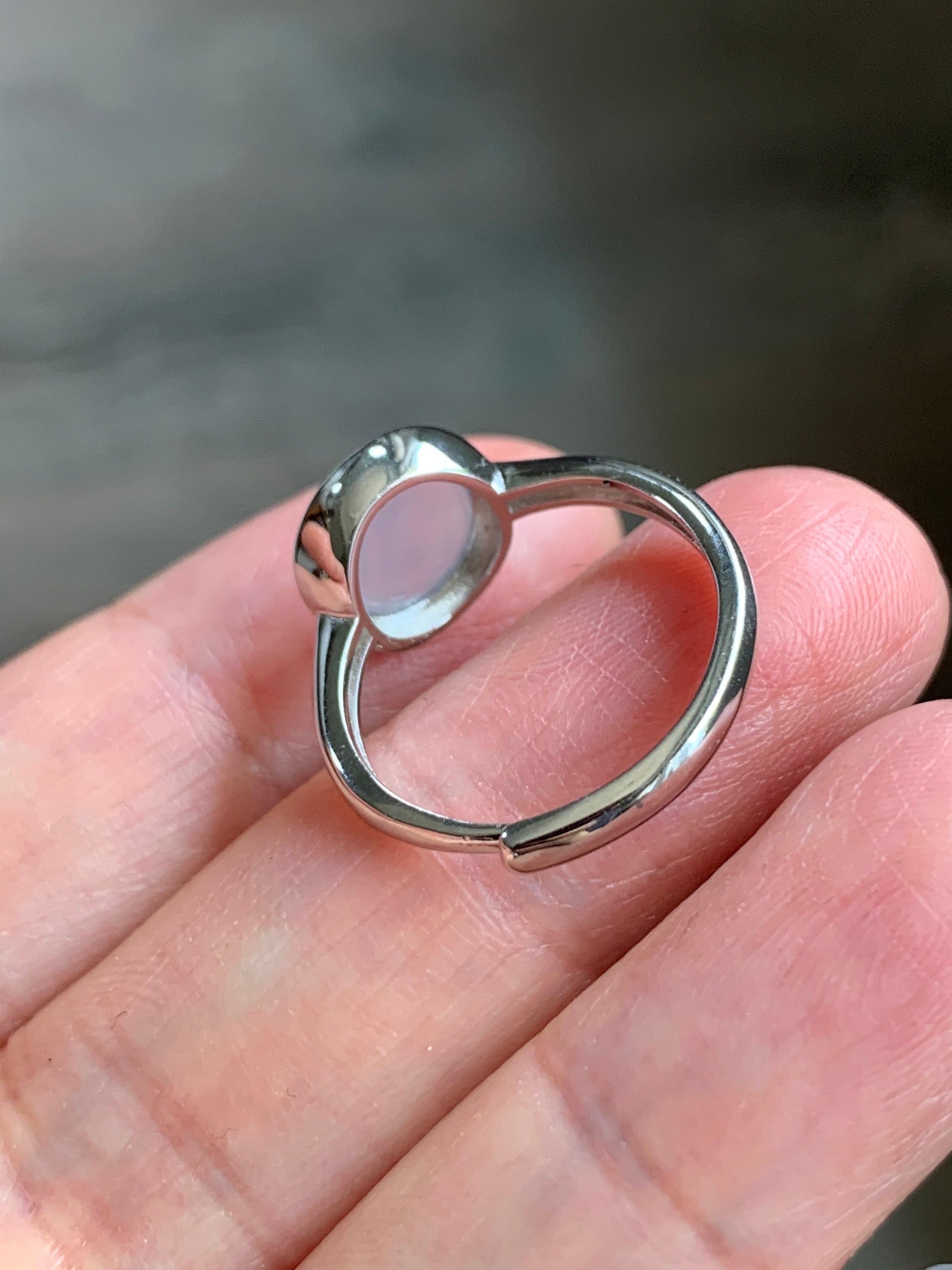 Natural Burmese Icy Translucent White Jadeite w/ Lavender Undertone Solitaire Ring Sterling Silver Size 7 Adjustable 天然缅甸白冰紫底翡翠银镶戒指 MWS70