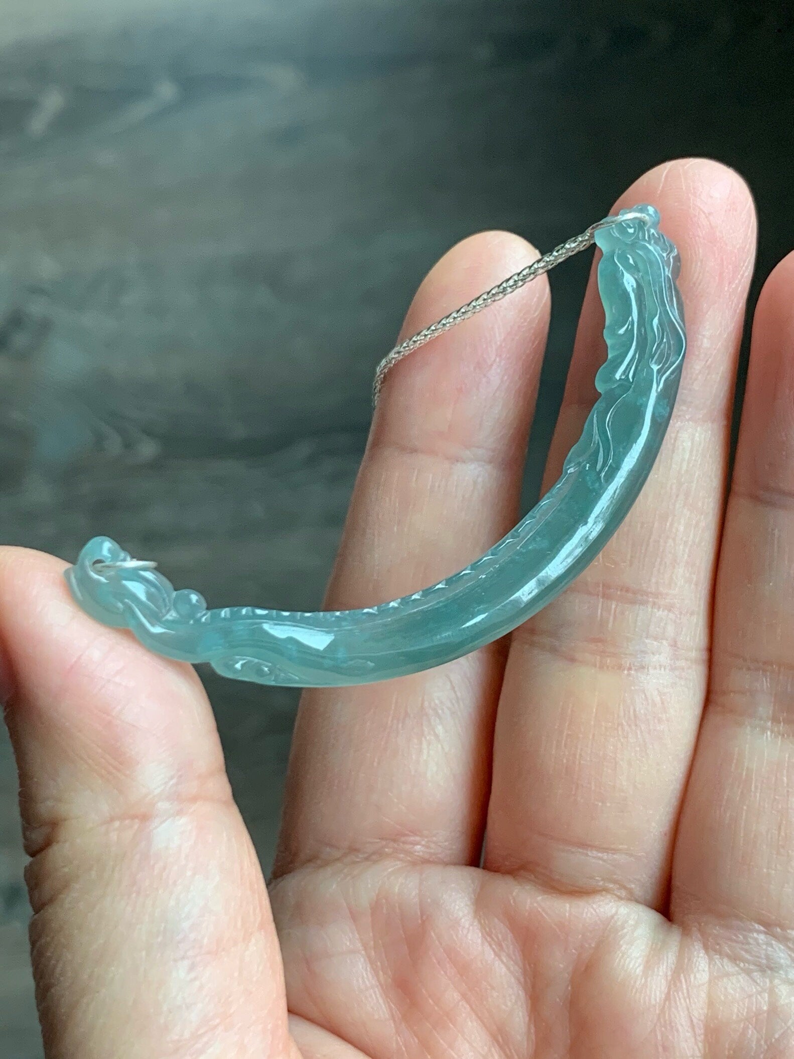 Natural Guatemalan Icy Highly Translucent Light Teal Blue Dragon Crescent Pendant 999 Sterling Silver Necklace 20” 天然起冰起光危晴蓝翡翠仿古龙玉横足银项链