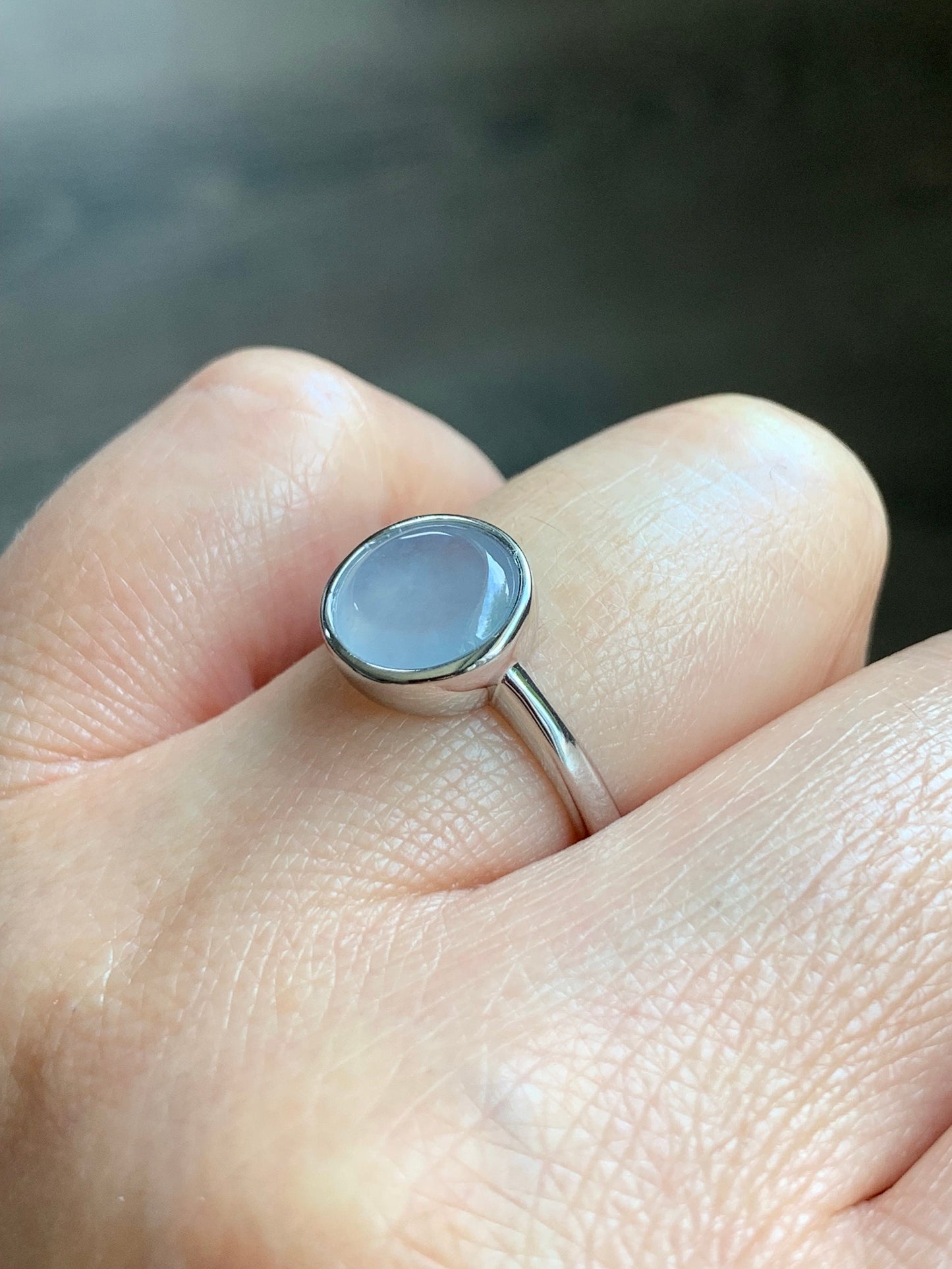 Natural Burmese Icy Translucent White Jadeite w/ Lavender Undertone Solitaire Ring Sterling Silver Size 7 Adjustable 天然缅甸白冰紫底翡翠银镶戒指 MWS70