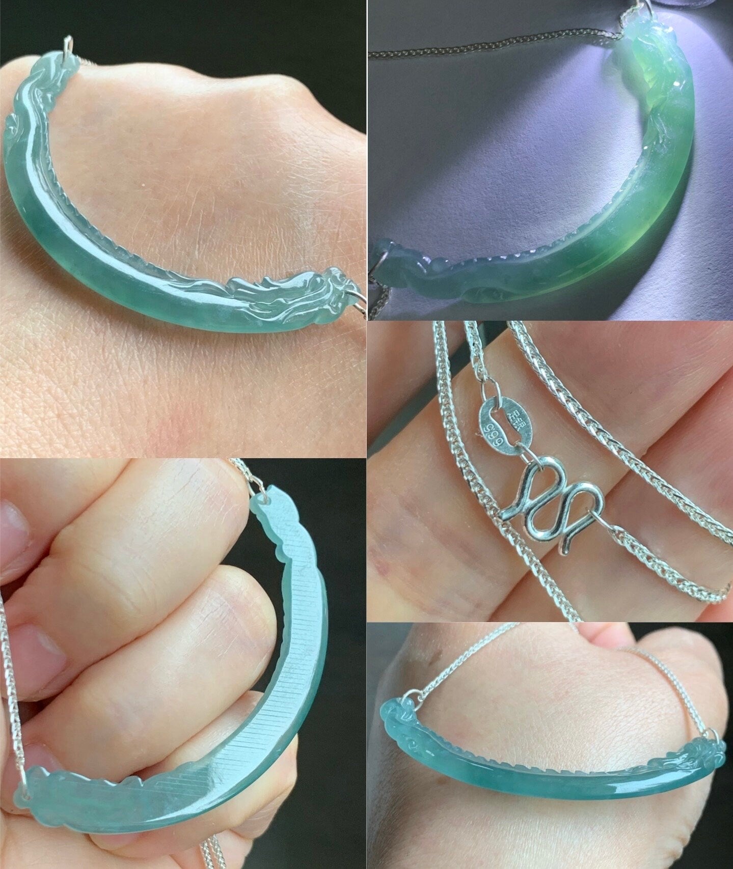 Natural Guatemalan Icy Highly Translucent Light Teal Blue Dragon Crescent Pendant 999 Sterling Silver Necklace 20” 天然起冰起光危晴蓝翡翠仿古龙玉横足银项链