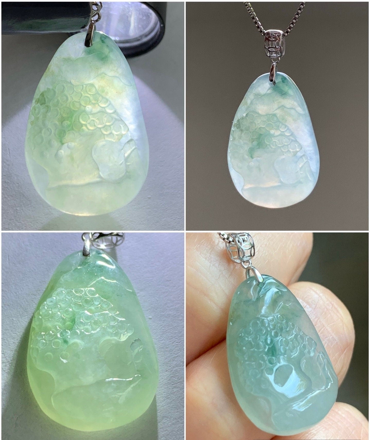 Natural Burmese Icy Translucent Gelatinous Light Green Jadeite Shan Shui Pai Landscape Scenery Pendant 18K White Gold 5g 天然缅甸冰晴绿翡翠精工雕山水牌吊坠