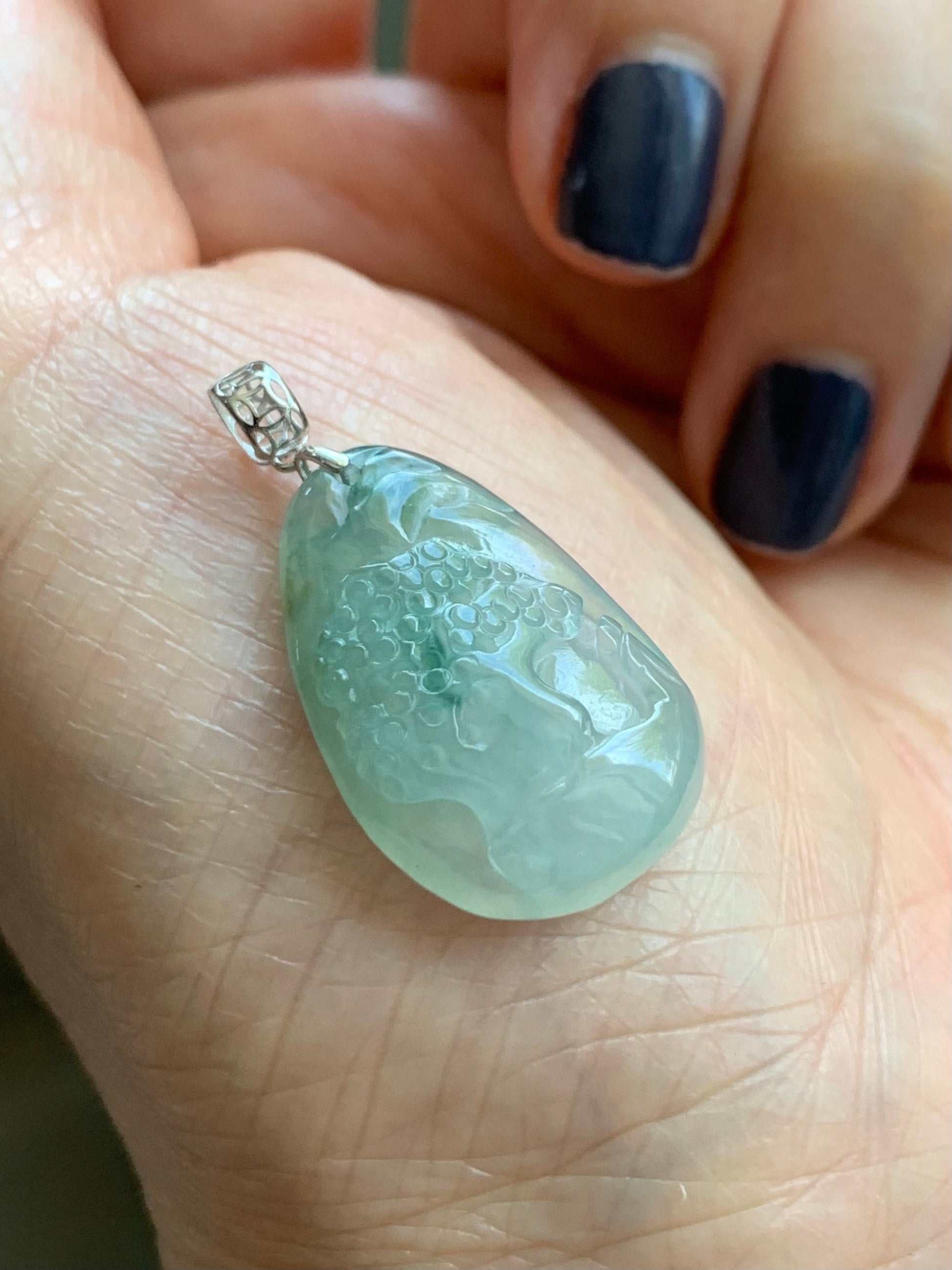 Natural Burmese Icy Translucent Gelatinous Light Green Jadeite Shan Shui Pai Landscape Scenery Pendant 18K White Gold 5g 天然缅甸冰晴绿翡翠精工雕山水牌吊坠