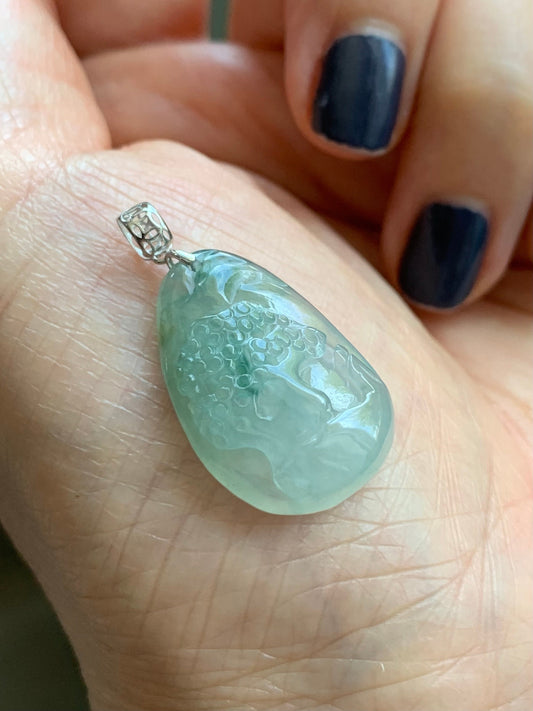 Natural Burmese Icy Translucent Gelatinous Light Green Jadeite Shan Shui Pai Landscape Scenery Pendant 18K White Gold 5g 天然缅甸冰晴绿翡翠精工雕山水牌吊坠