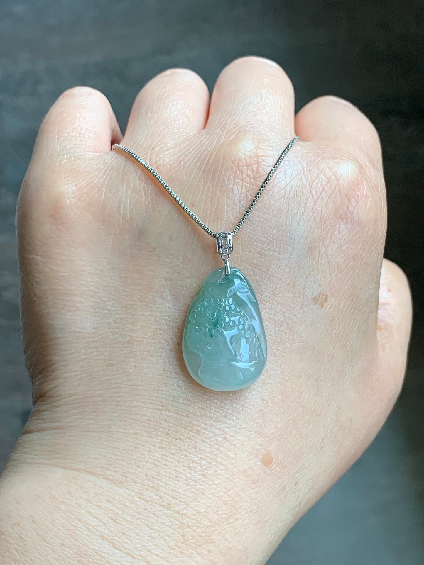 Natural Burmese Icy Translucent Gelatinous Light Green Jadeite Shan Shui Pai Landscape Scenery Pendant 18K White Gold 5g 天然缅甸冰晴绿翡翠精工雕山水牌吊坠