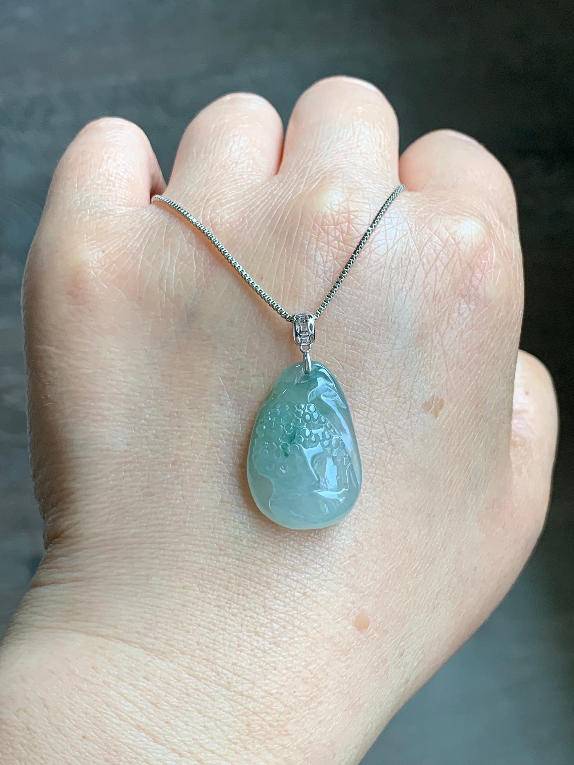 Natural Burmese Icy Translucent Gelatinous Light Green Jadeite Shan Shui Pai Landscape Scenery Pendant 18K White Gold 5g 天然缅甸冰晴绿翡翠精工雕山水牌吊坠
