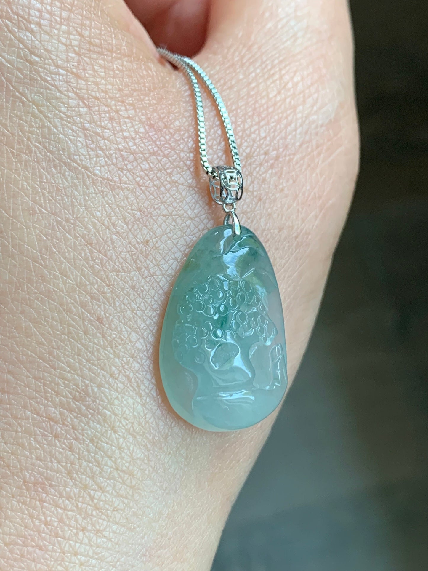 Natural Burmese Icy Translucent Gelatinous Light Green Jadeite Shan Shui Pai Landscape Scenery Pendant 18K White Gold 5g 天然缅甸冰晴绿翡翠精工雕山水牌吊坠