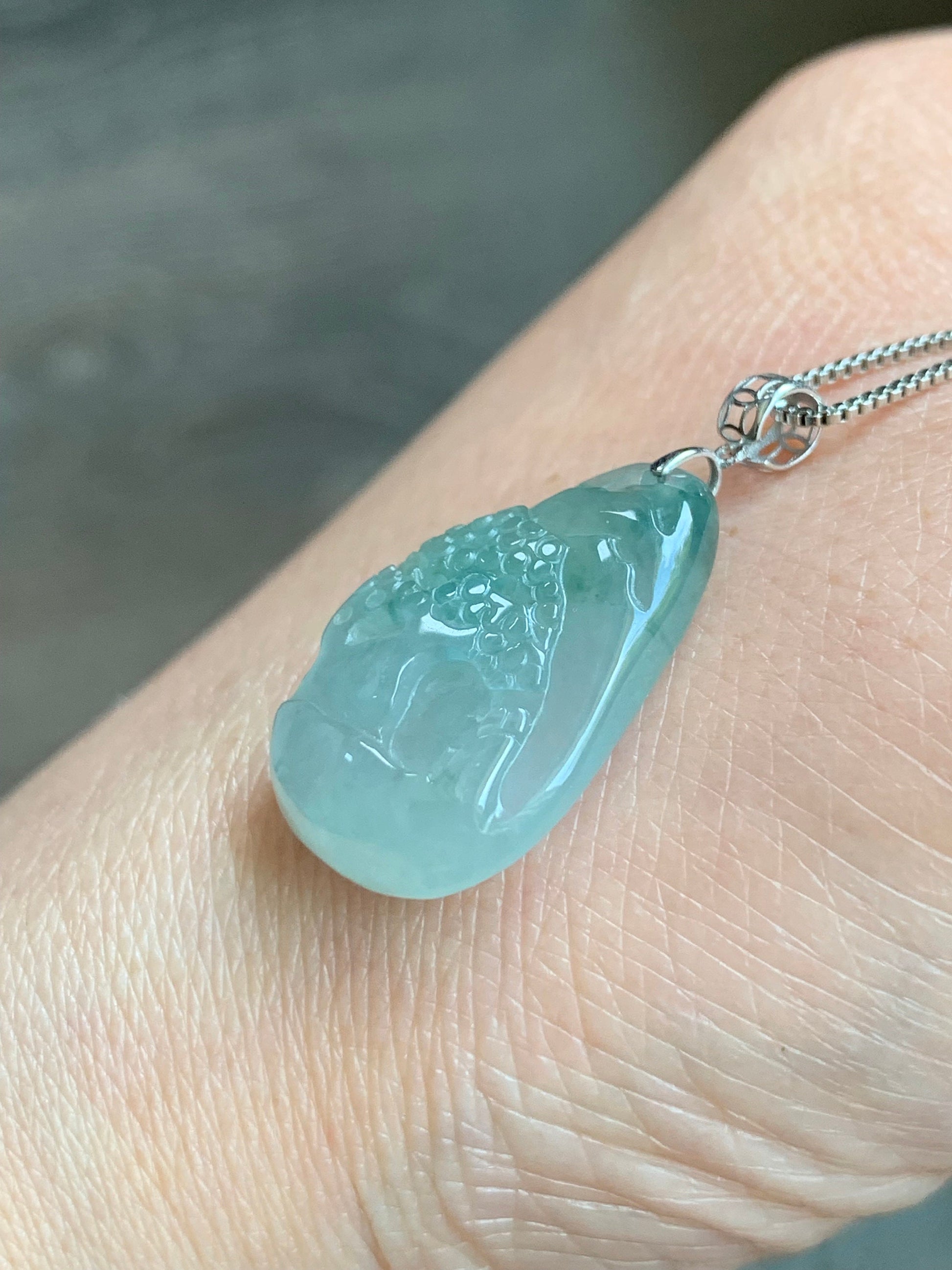 Natural Burmese Icy Translucent Gelatinous Light Green Jadeite Shan Shui Pai Landscape Scenery Pendant 18K White Gold 5g 天然缅甸冰晴绿翡翠精工雕山水牌吊坠