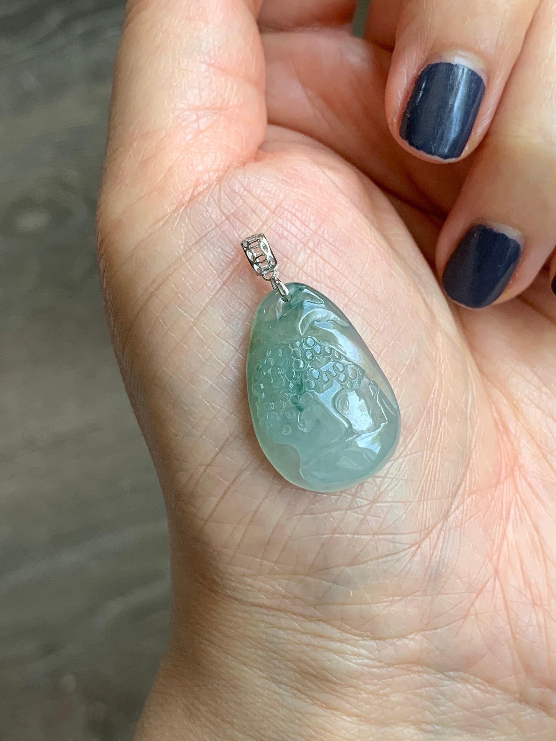 Natural Burmese Icy Translucent Gelatinous Light Green Jadeite Shan Shui Pai Landscape Scenery Pendant 18K White Gold 5g 天然缅甸冰晴绿翡翠精工雕山水牌吊坠