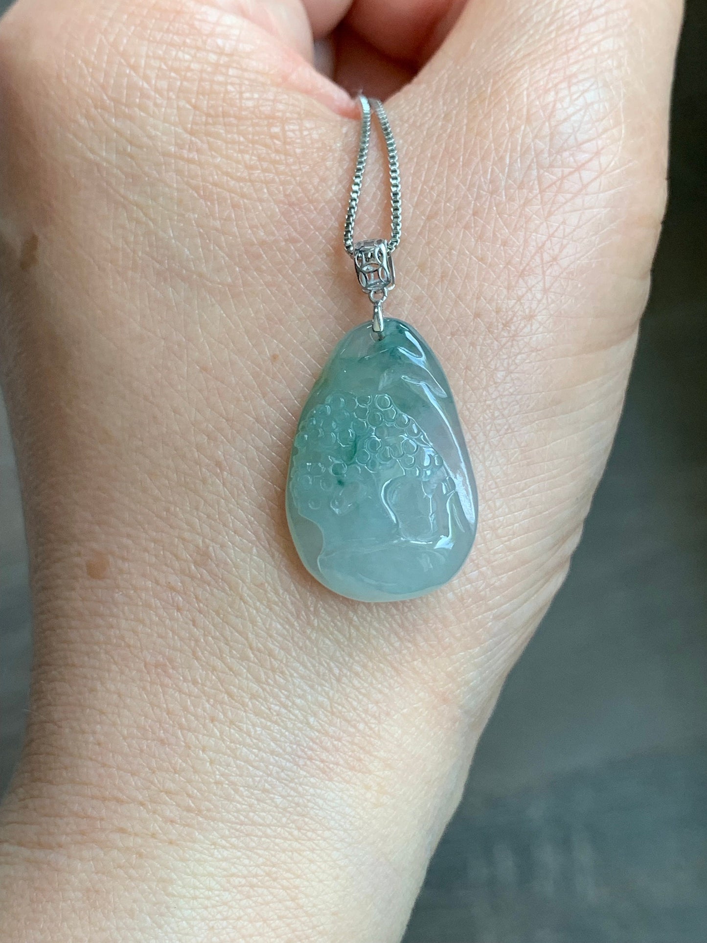 Natural Burmese Icy Translucent Gelatinous Light Green Jadeite Shan Shui Pai Landscape Scenery Pendant 18K White Gold 5g 天然缅甸冰晴绿翡翠精工雕山水牌吊坠