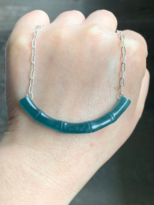 Natural Guatemalan Icy Translucent Deep Blue Jadeite Bamboo Crescent Pendant 999 Sterling Silver Necklace 20” Adjustable 天然冰胶危料深蓝水翡翠竹节玉横足银项链
