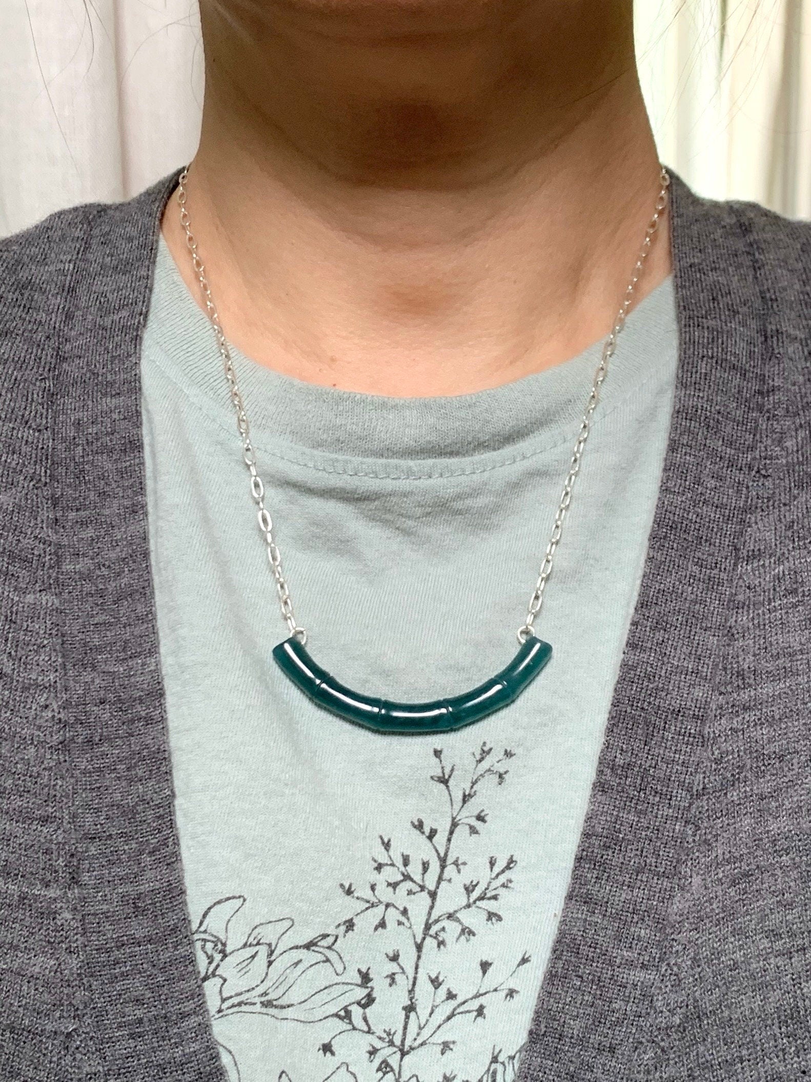 Natural Guatemalan Icy Translucent Deep Blue Jadeite Bamboo Crescent Pendant 999 Sterling Silver Necklace 20” Adjustable 天然冰胶危料深蓝水翡翠竹节玉横足银项链