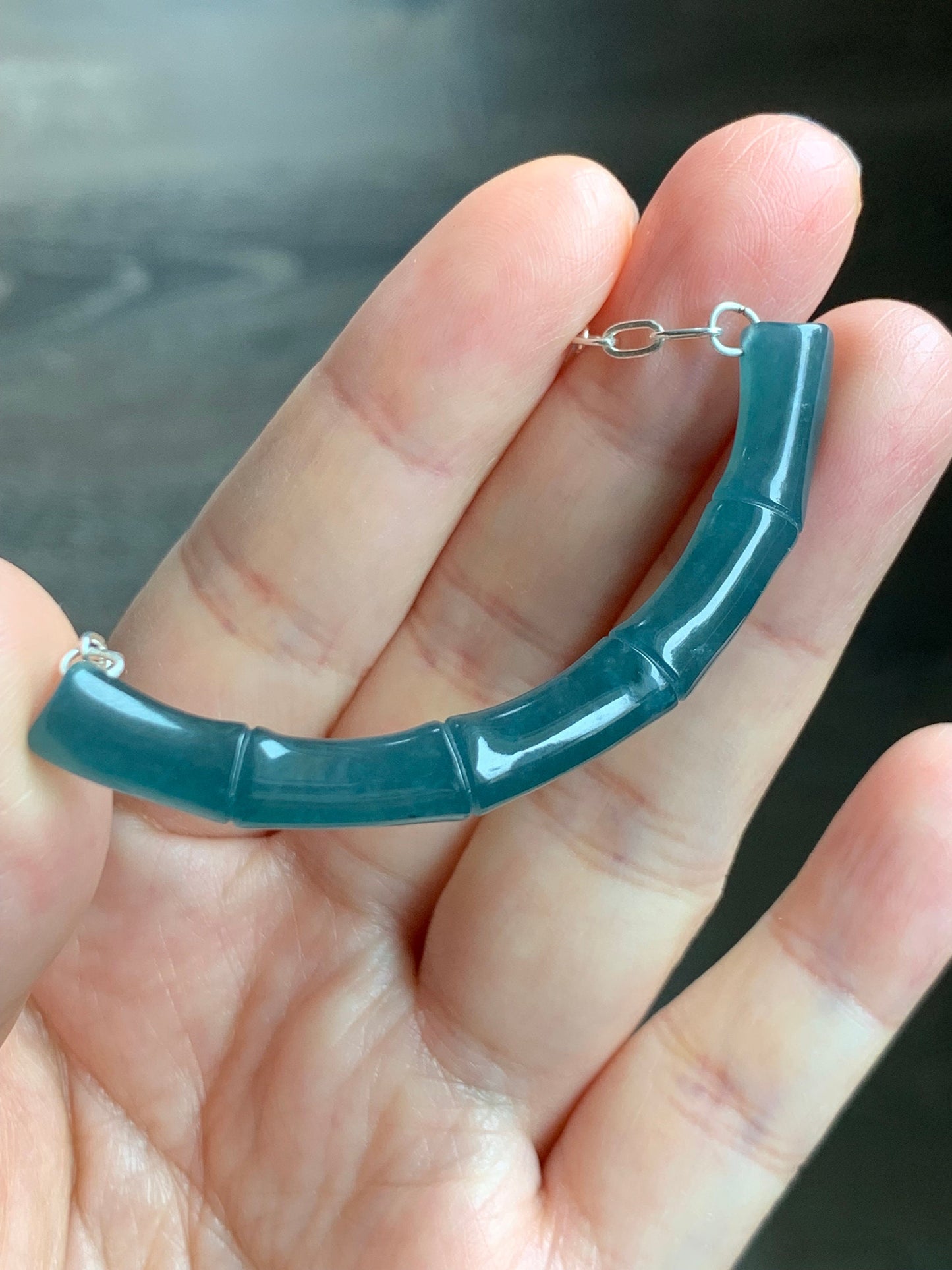 Natural Guatemalan Icy Translucent Deep Blue Jadeite Bamboo Crescent Pendant 999 Sterling Silver Necklace 20” Adjustable 天然冰胶危料深蓝水翡翠竹节玉横足银项链