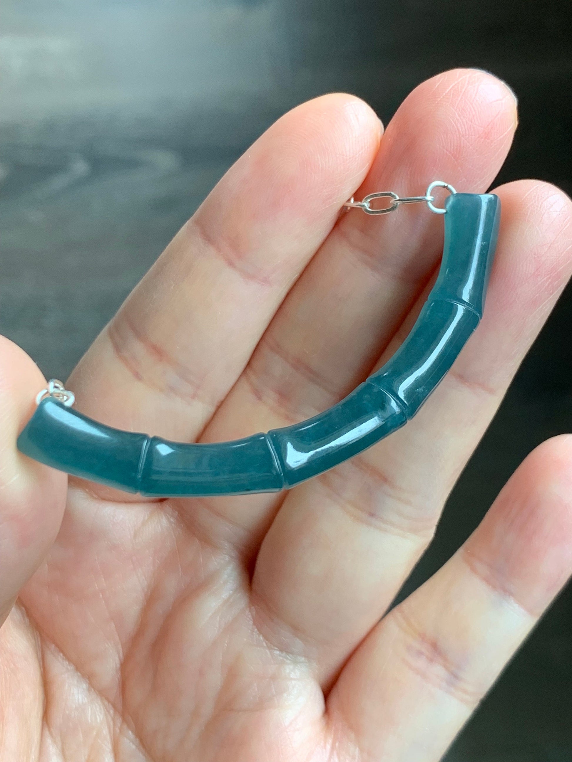 Natural Guatemalan Icy Translucent Deep Blue Jadeite Bamboo Crescent Pendant 999 Sterling Silver Necklace 20” Adjustable 天然冰胶危料深蓝水翡翠竹节玉横足银项链