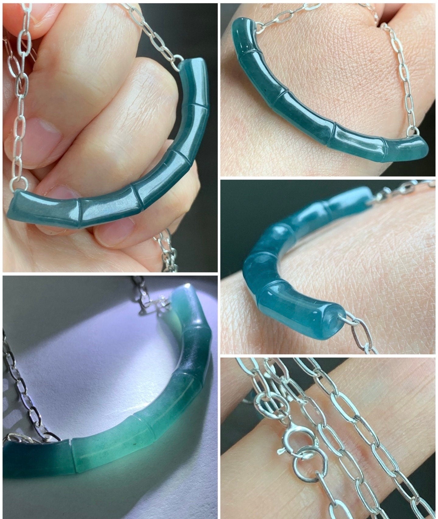 Natural Guatemalan Icy Translucent Deep Blue Jadeite Bamboo Crescent Pendant 999 Sterling Silver Necklace 20” Adjustable 天然冰胶危料深蓝水翡翠竹节玉横足银项链