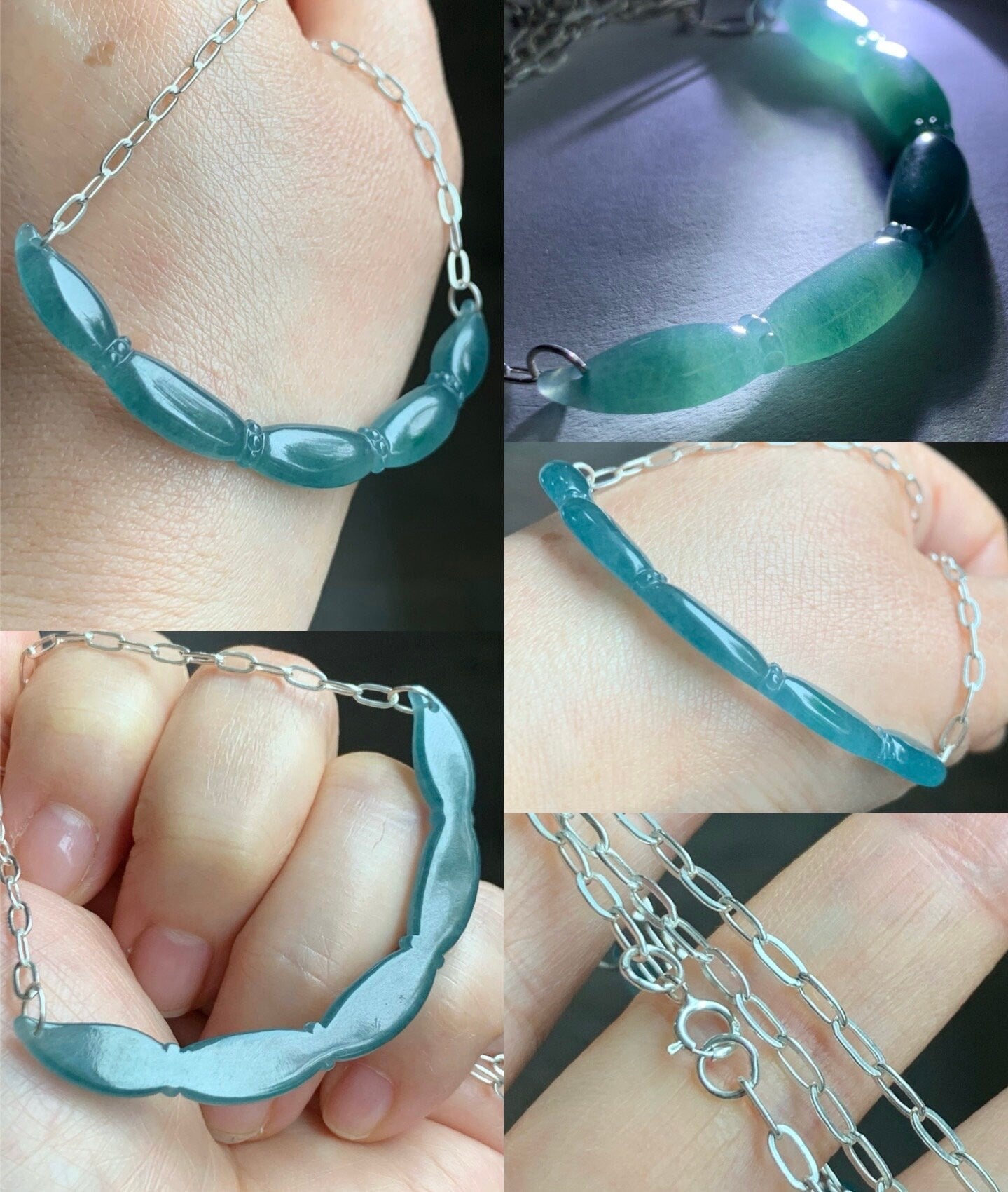 Natural Guatemalan Icy Translucent Teal Blue Jadeite Lotus Root Crescent Pendant Sterling Silver Necklace 21” Adjustable 天然冰胶危料蓝水翡翠莲藕玉横足银项链