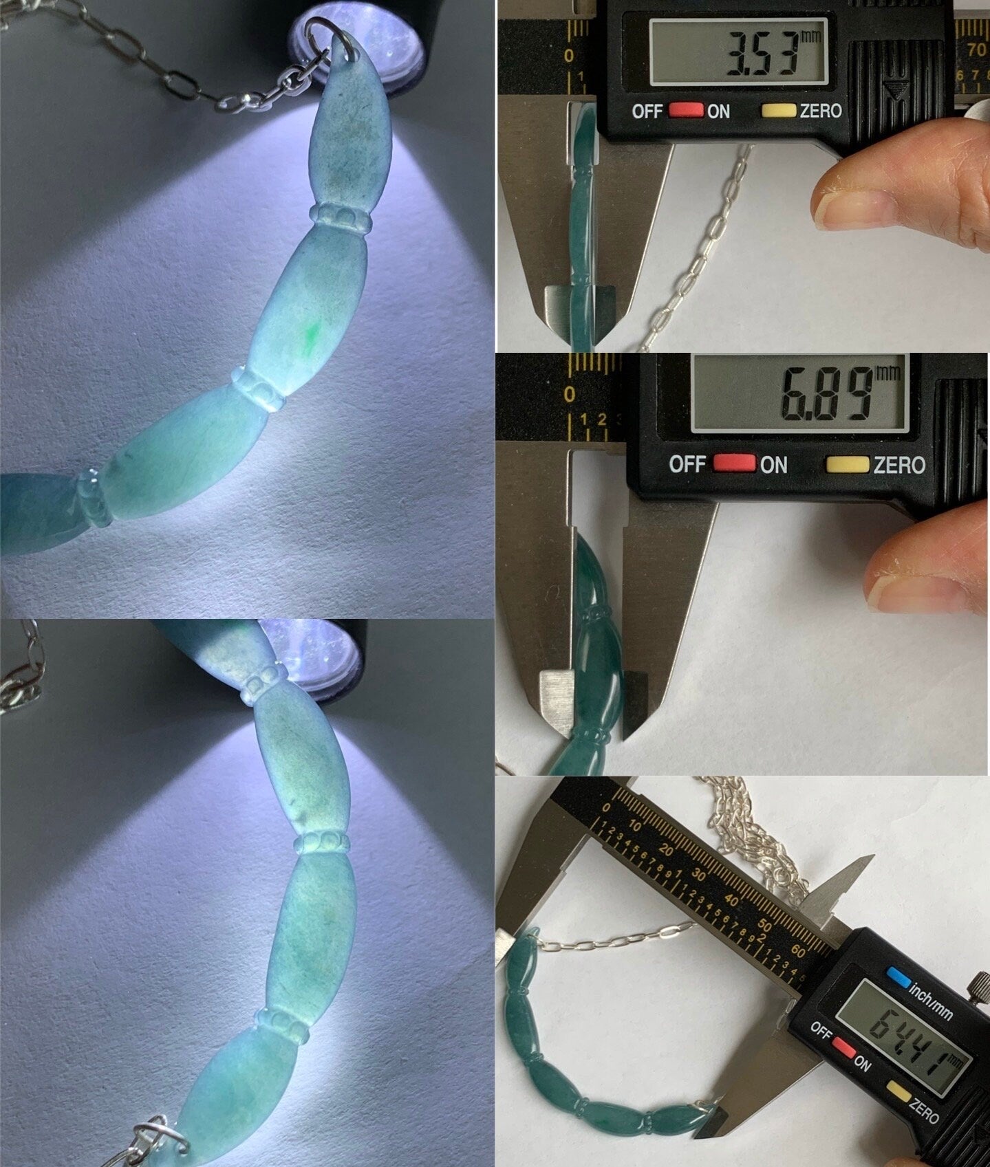 Natural Guatemalan Icy Translucent Teal Blue Jadeite Lotus Root Crescent Pendant Sterling Silver Necklace 21” Adjustable 天然冰胶危料蓝水翡翠莲藕玉横足银项链