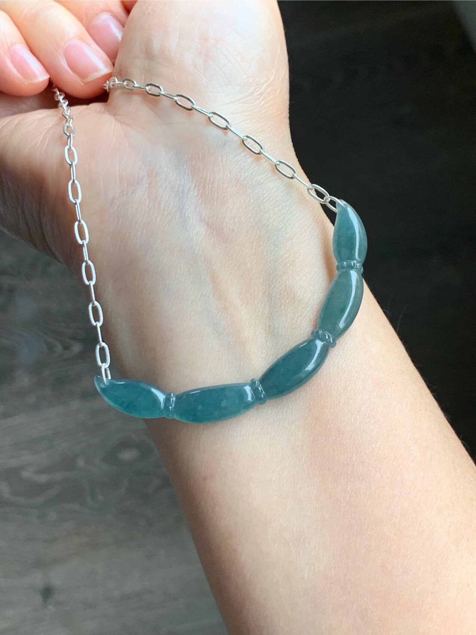 Natural Guatemalan Icy Translucent Teal Blue Jadeite Lotus Root Crescent Pendant Sterling Silver Necklace 21” Adjustable 天然冰胶危料蓝水翡翠莲藕玉横足银项链