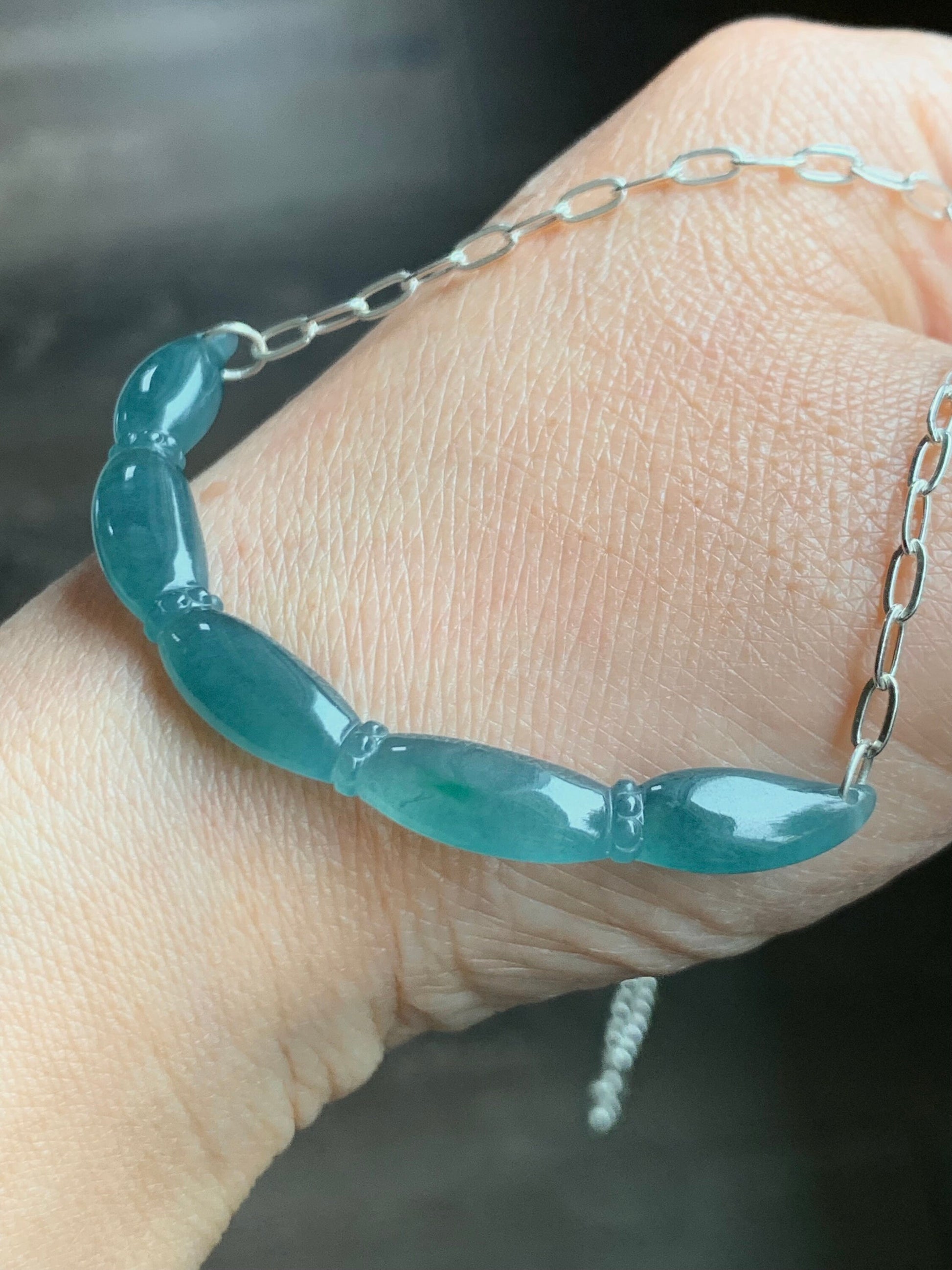 Natural Guatemalan Icy Translucent Teal Blue Jadeite Lotus Root Crescent Pendant Sterling Silver Necklace 21” Adjustable 天然冰胶危料蓝水翡翠莲藕玉横足银项链