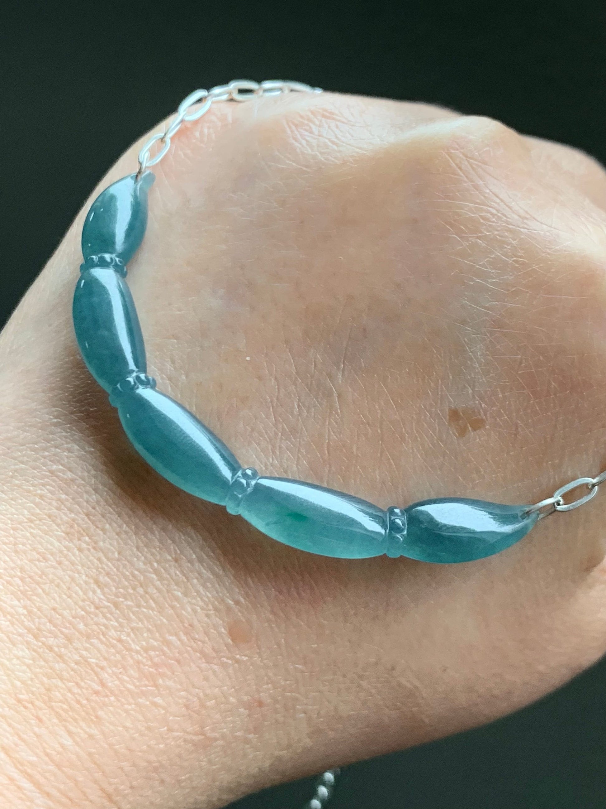 Natural Guatemalan Icy Translucent Teal Blue Jadeite Lotus Root Crescent Pendant Sterling Silver Necklace 21” Adjustable 天然冰胶危料蓝水翡翠莲藕玉横足银项链
