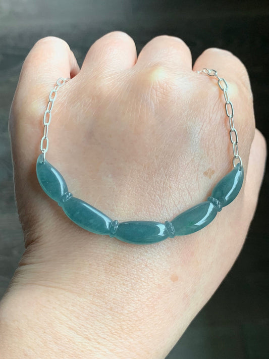 Natural Guatemalan Icy Translucent Teal Blue Jadeite Lotus Root Crescent Pendant Sterling Silver Necklace 21” Adjustable 天然冰胶危料蓝水翡翠莲藕玉横足银项链