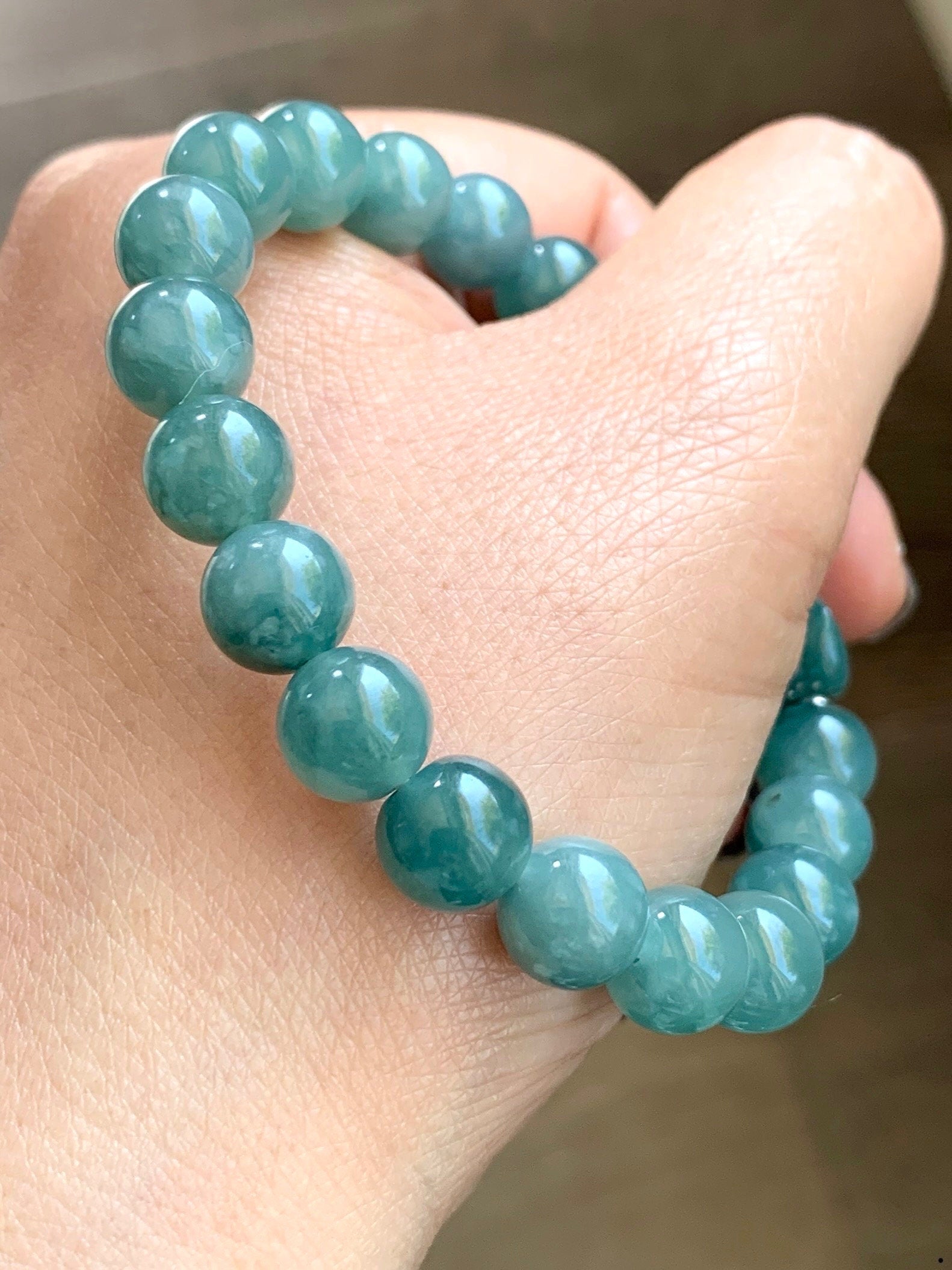 Natural Guatemalan Icy Translucent Teal Blue Jadeite Three Wise Bear Charms Beaded Bracelet Sterling Silver 8.9mm 7” 28g 天然冰危蓝绿翡翠不听不看不说小熊手串