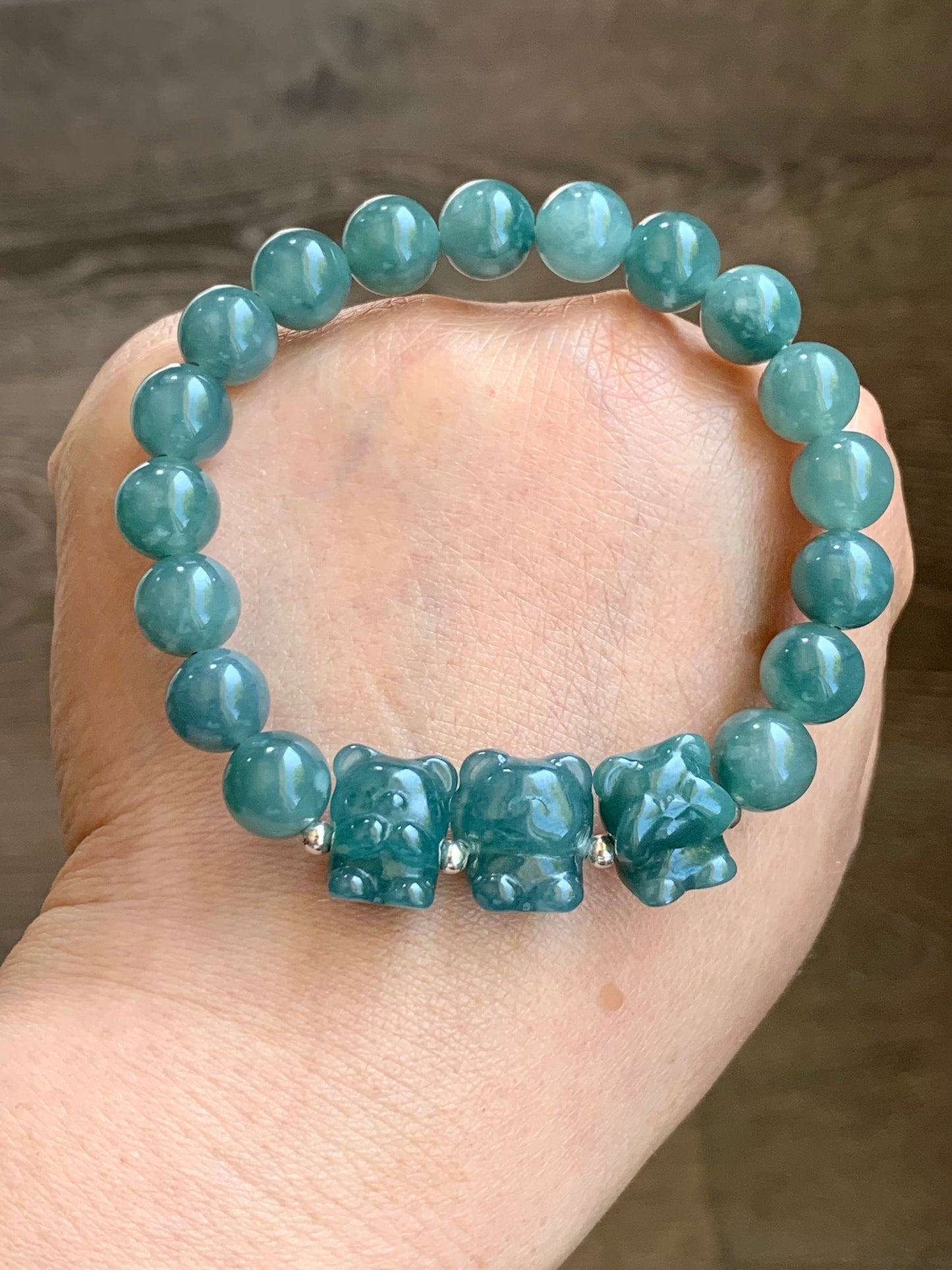 Natural Guatemalan Icy Translucent Teal Blue Jadeite Three Wise Bear Charms Beaded Bracelet Sterling Silver 8.9mm 7” 28g 天然冰危蓝绿翡翠不听不看不说小熊手串