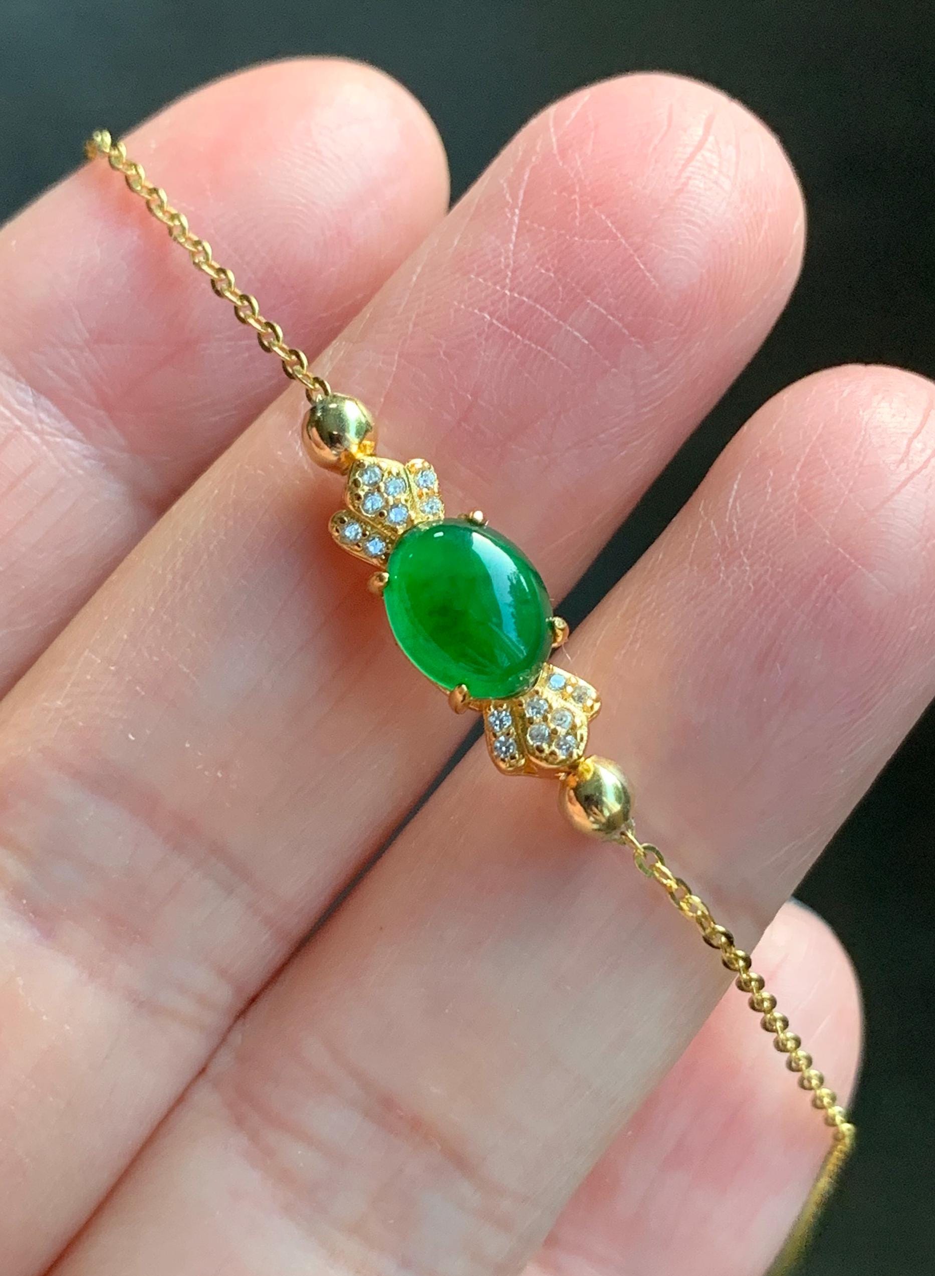 Natural Guatemalan Icy Highly Translucent Vibrant Green Oval Jadeite Candy Charm Chain Bracelet Sterling Silver YG Finish 天然冰危绿翡翠糖果潘多拉针式银手链
