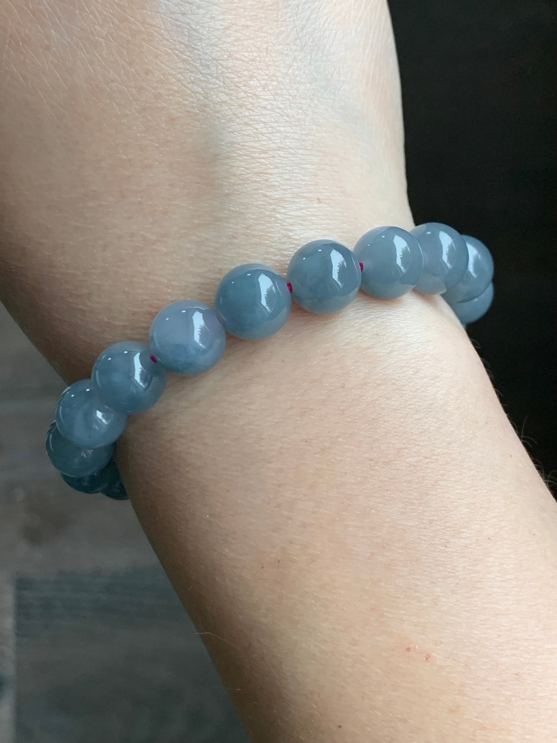 Certified Natural Guatemalan Icy Highly Translucent Dusty Purplish Blue Jadeite Beaded Bracelet 9.6mm 6.75” 30.06g 天然老种冰危蓝紫飘花翡翠圆珠手串 1496