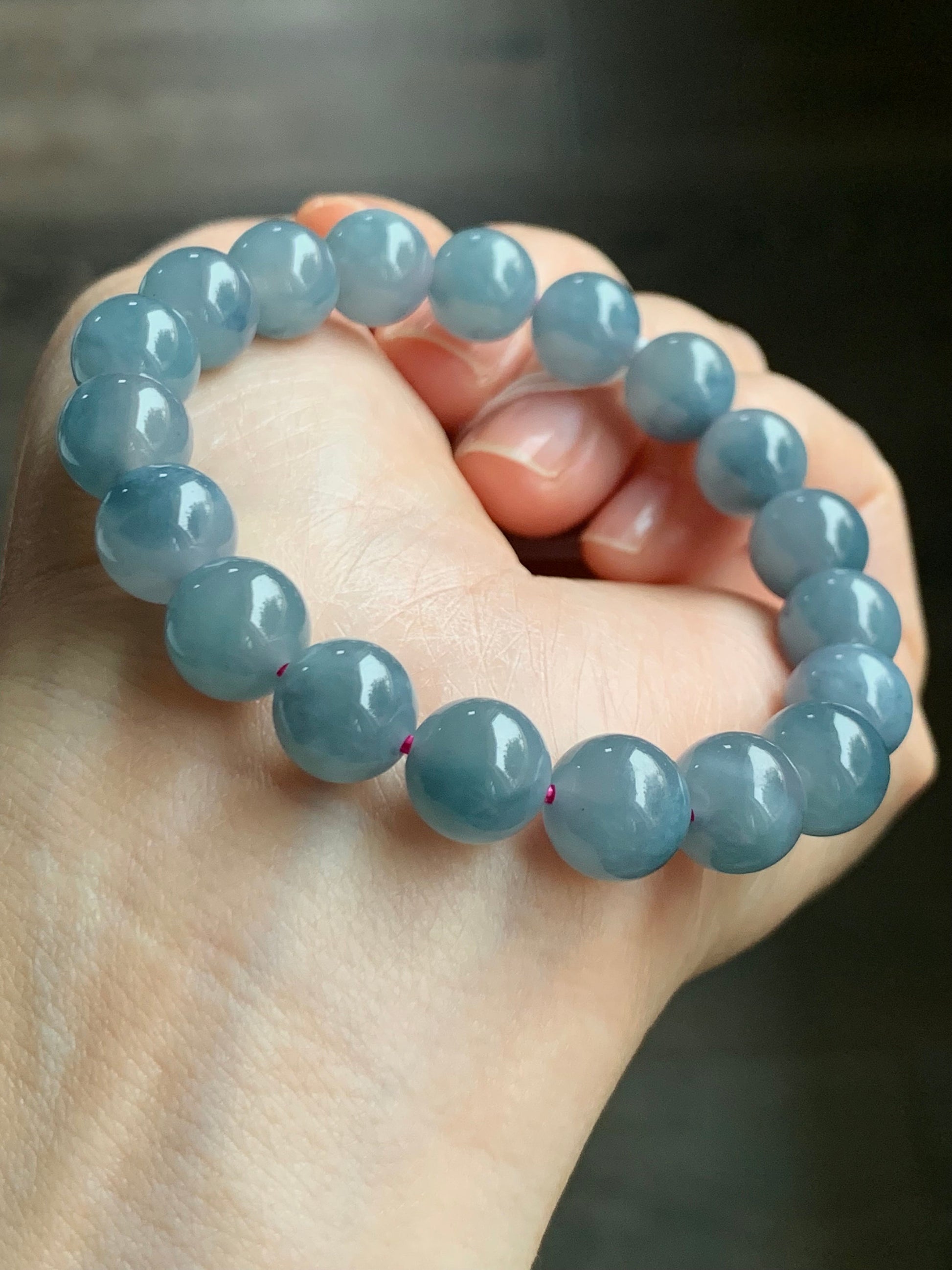 Certified Natural Guatemalan Icy Highly Translucent Dusty Purplish Blue Jadeite Beaded Bracelet 9.6mm 6.75” 30.06g 天然老种冰危蓝紫飘花翡翠圆珠手串 1496