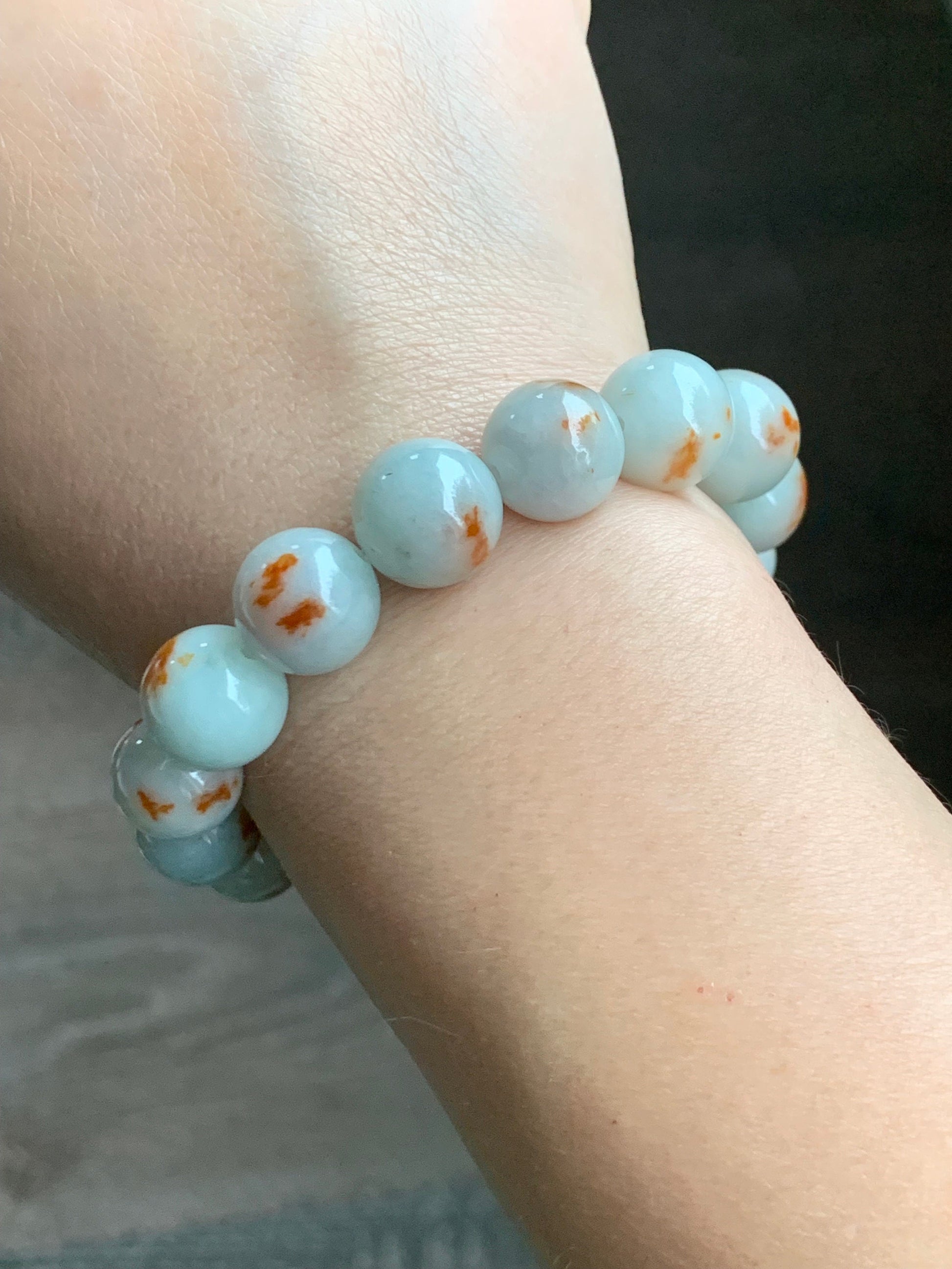 Certified Natural Burmese Icy Red Marbled Jadeite Large Beads Mala Beaded Bracelet Stretchy 12.6mm 7.25” 56.49 天然缅甸糯种晴底飘红花翡翠大卡手串 1503