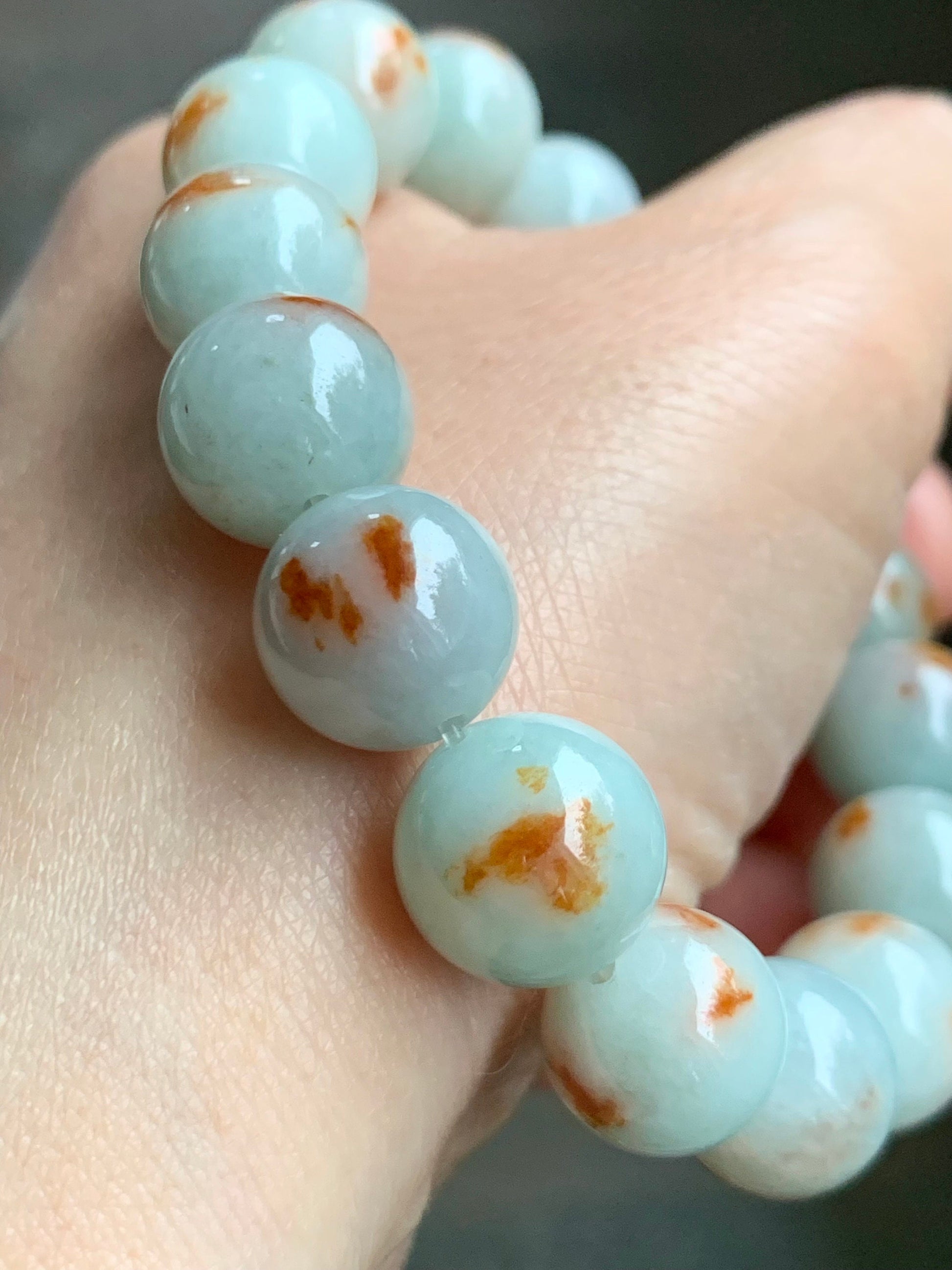 Certified Natural Burmese Icy Red Marbled Jadeite Large Beads Mala Beaded Bracelet Stretchy 12.6mm 7.25” 56.49 天然缅甸糯种晴底飘红花翡翠大卡手串 1503