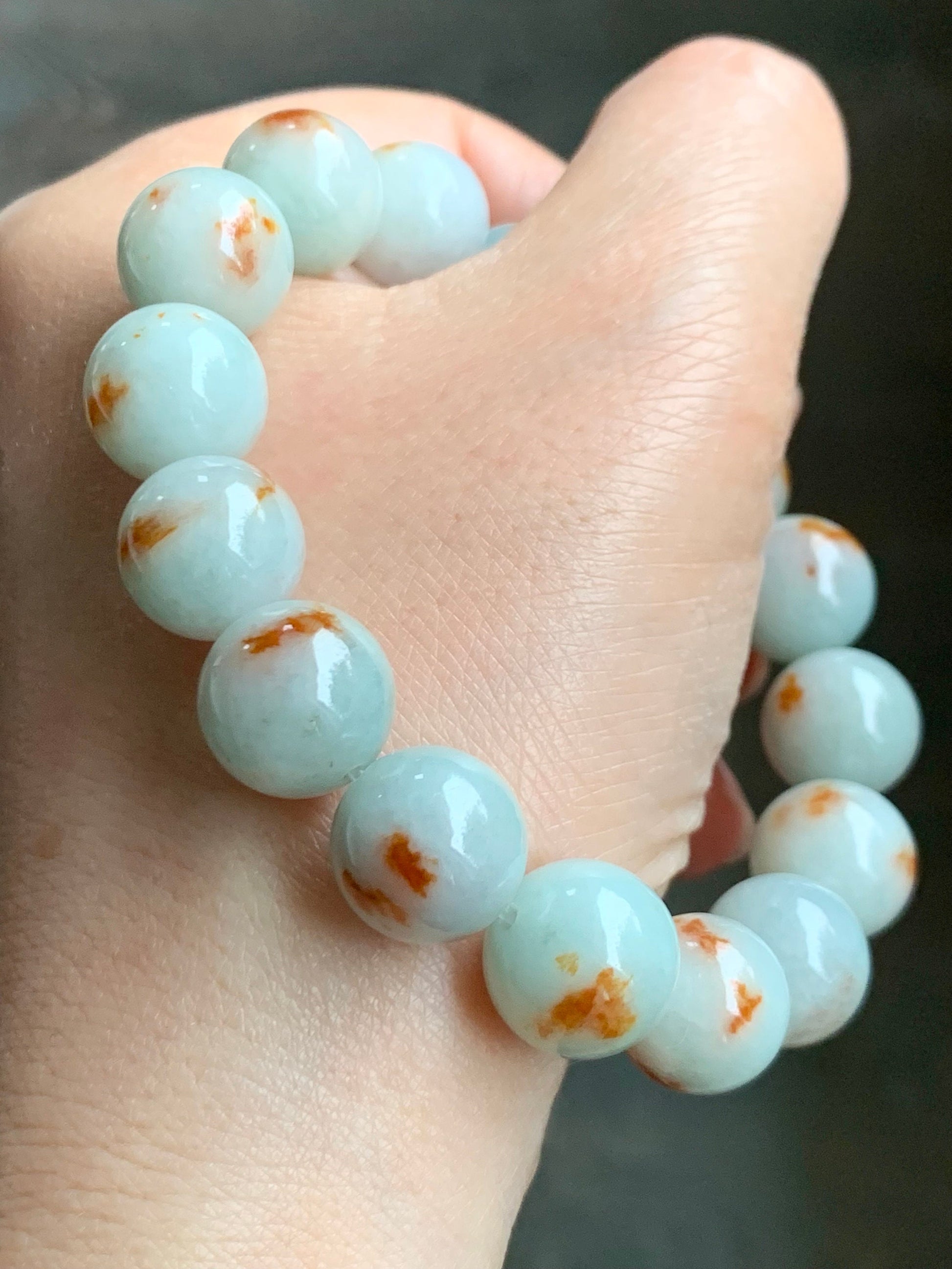 Certified Natural Burmese Icy Red Marbled Jadeite Large Beads Mala Beaded Bracelet Stretchy 12.6mm 7.25” 56.49 天然缅甸糯种晴底飘红花翡翠大卡手串 1503