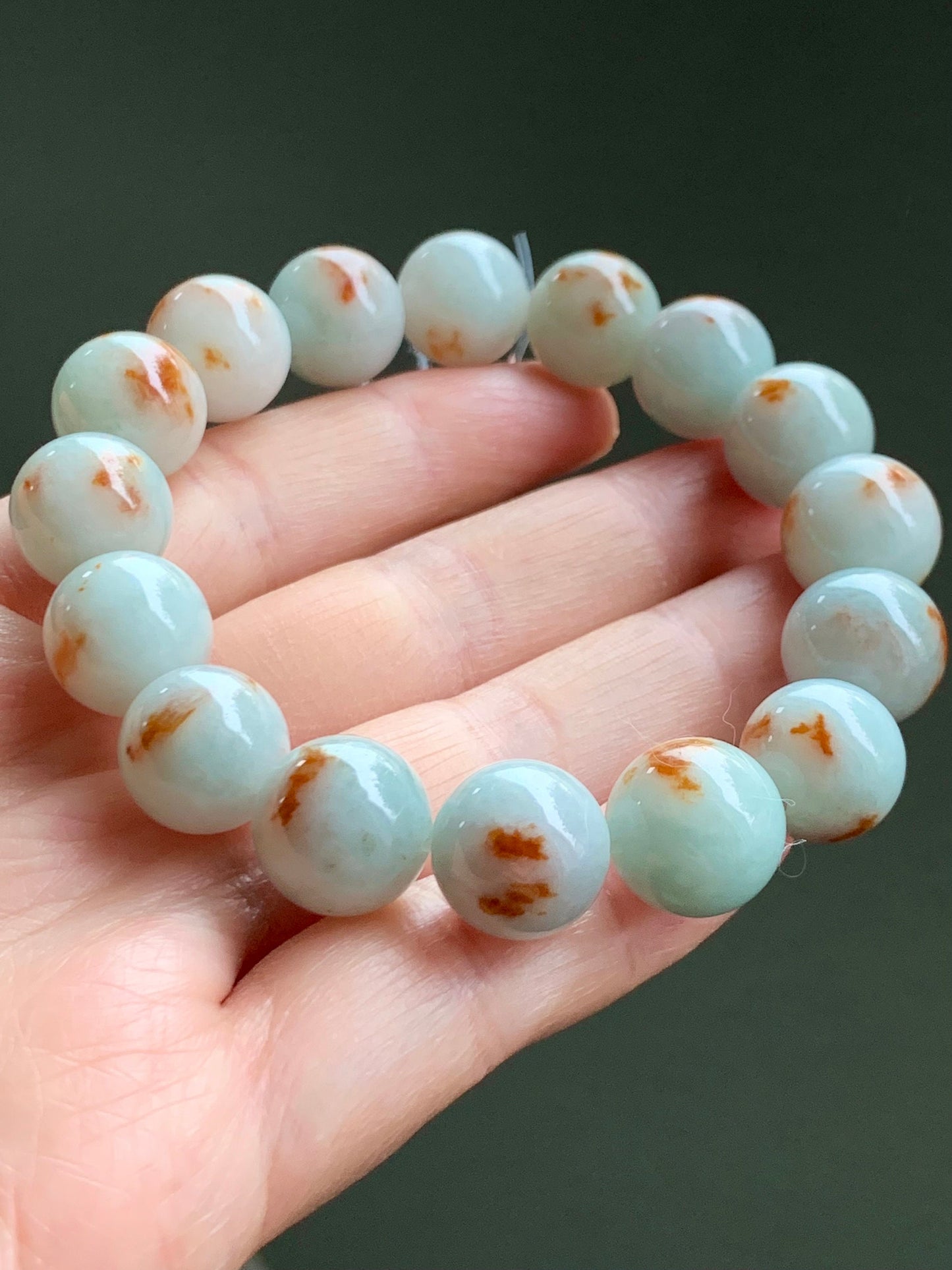 Certified Natural Burmese Icy Red Marbled Jadeite Large Beads Mala Beaded Bracelet Stretchy 12.6mm 7.25” 56.49 天然缅甸糯种晴底飘红花翡翠大卡手串 1503