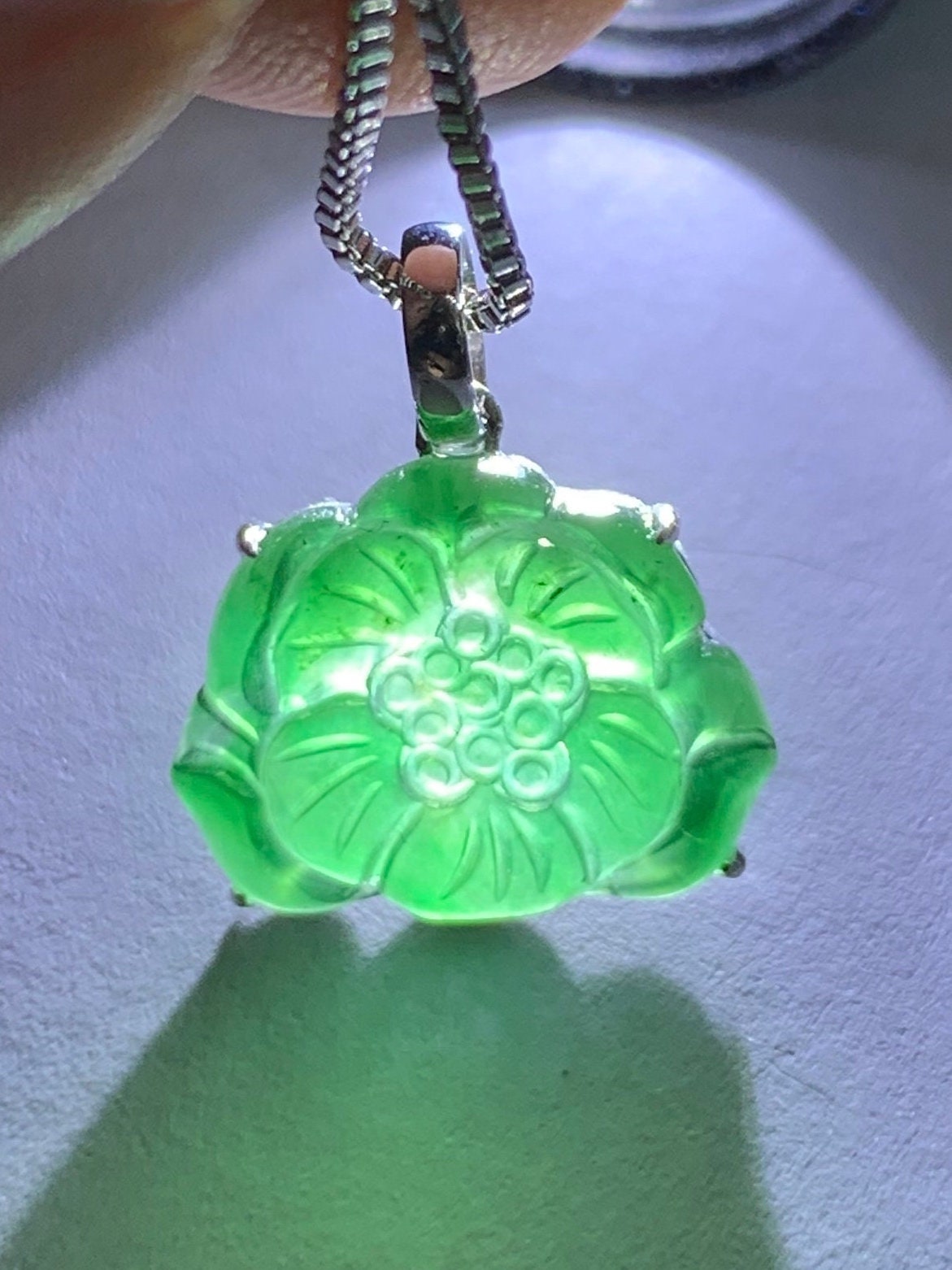 Certified Natural Guatemalan Icy Highly Translucent Green Jadeite Carved Lotus Flower Petite Pendant 18K White Gold 天然冰透危绿翡翠荷花镶嵌吊坠 1450