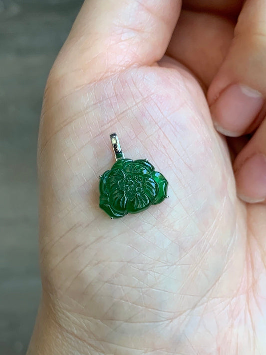 Certified Natural Guatemalan Icy Highly Translucent Green Jadeite Carved Lotus Flower Petite Pendant 18K White Gold 天然冰透危绿翡翠荷花镶嵌吊坠 1450