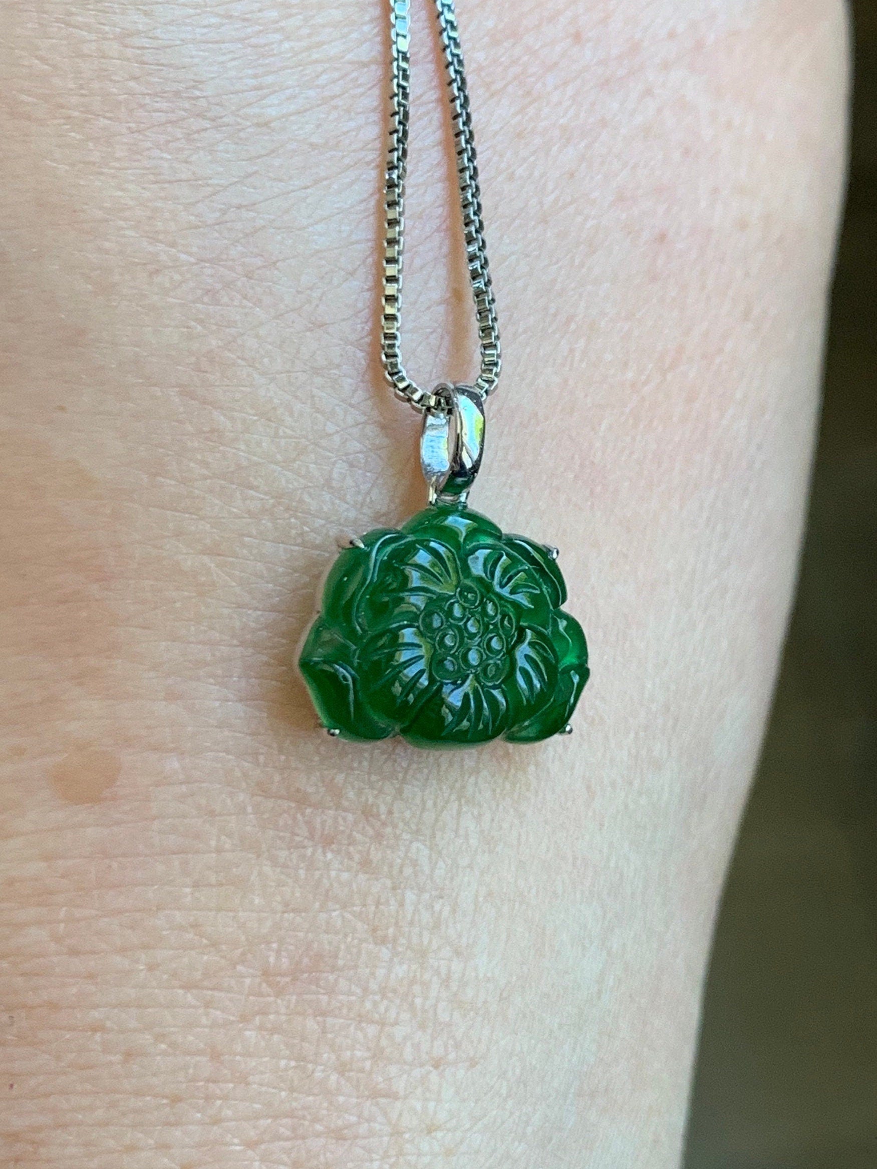 Certified Natural Guatemalan Icy Highly Translucent Green Jadeite Carved Lotus Flower Petite Pendant 18K White Gold 天然冰透危绿翡翠荷花镶嵌吊坠 1450