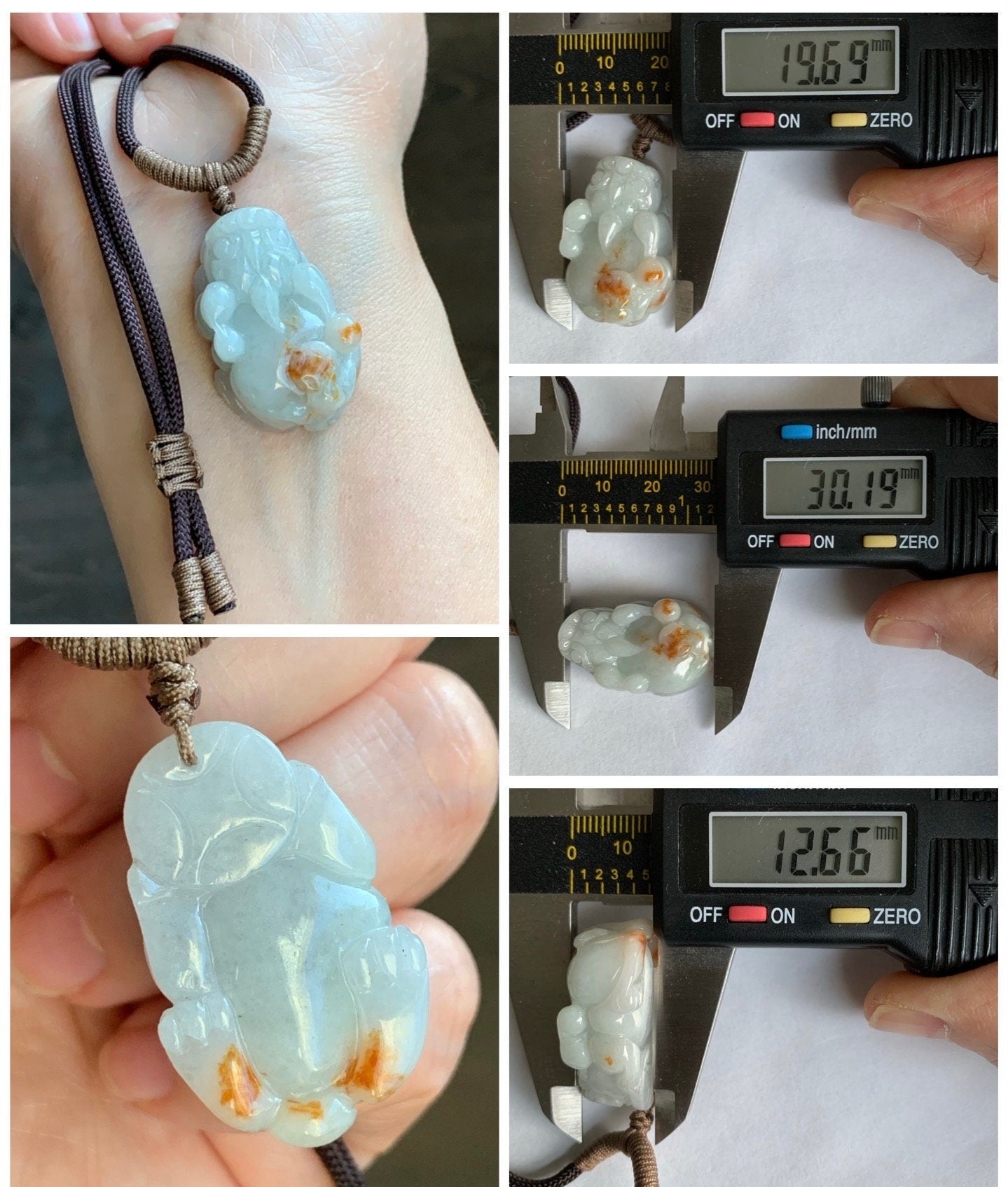 Natural Burmese Icy Translucent Golden Orange Marbled Jadeite Carved Pixiu Pendant Rope Necklace 30" 18g Adjustable 天然缅甸撒金翡翠精工貔貅吊坠