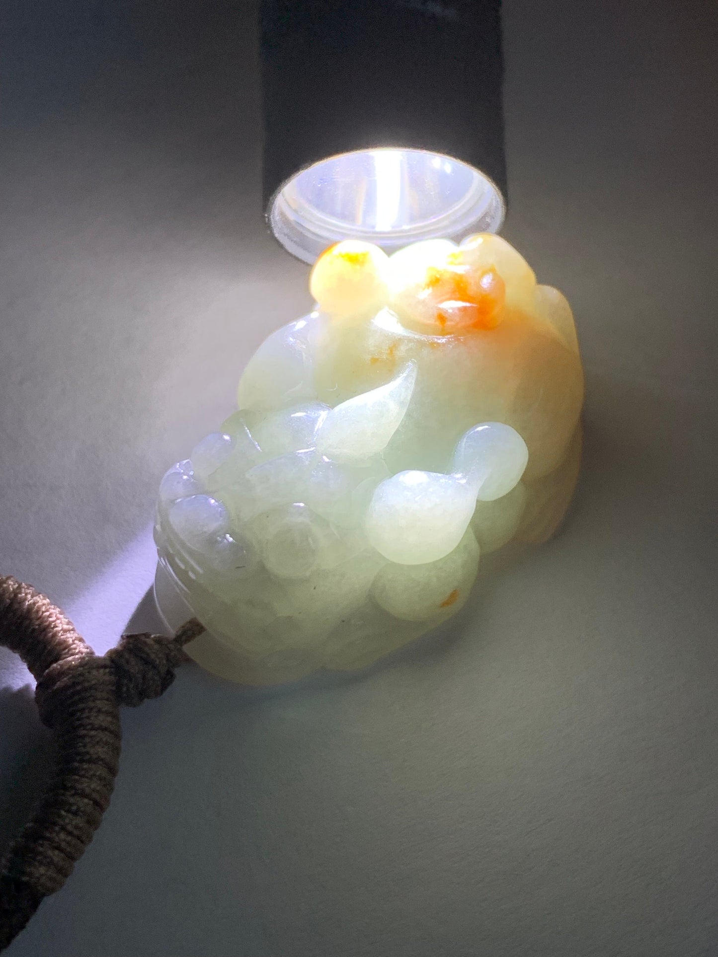Natural Burmese Icy Translucent Golden Orange Marbled Jadeite Carved Pixiu Pendant Rope Necklace 30" 18g Adjustable 天然缅甸撒金翡翠精工貔貅吊坠