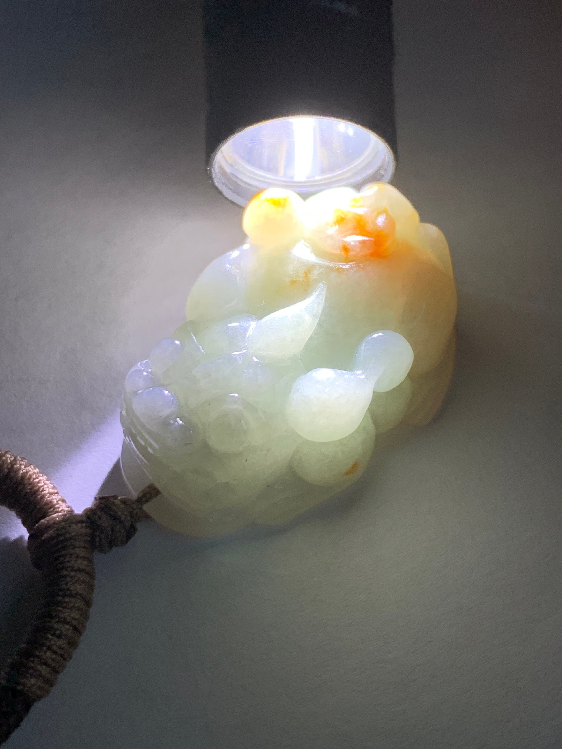Natural Burmese Icy Translucent Golden Orange Marbled Jadeite Carved Pixiu Pendant Rope Necklace 30" 18g Adjustable 天然缅甸撒金翡翠精工貔貅吊坠